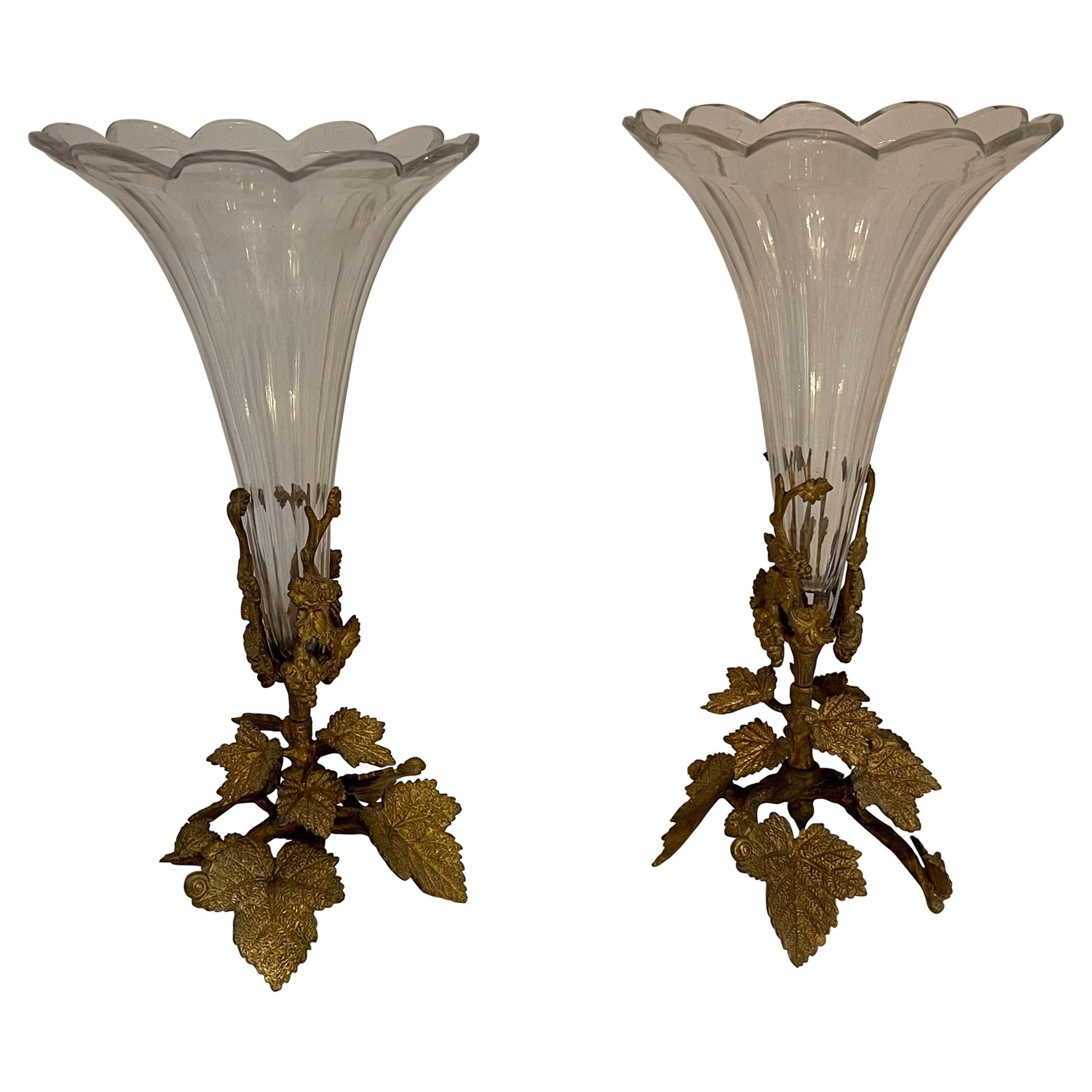 Wonderful Pair French Bronze Foliate Leaf Ormolu Crystal Glass Scalloped Vases For Sale