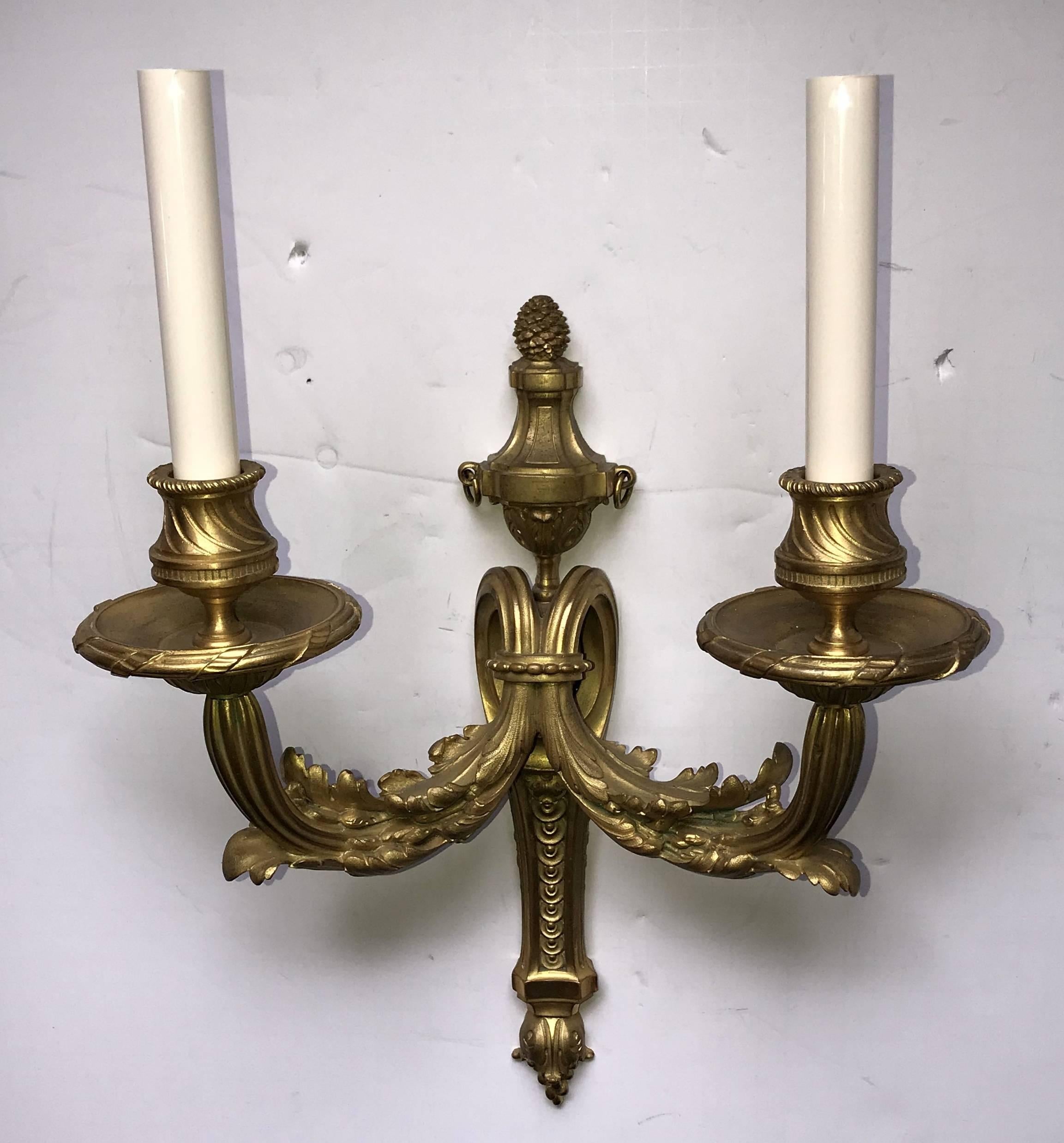 Wonderful Pair French Bronze Neoclassical Caldwell Regency Urn Filigree Sconces For Sale 1