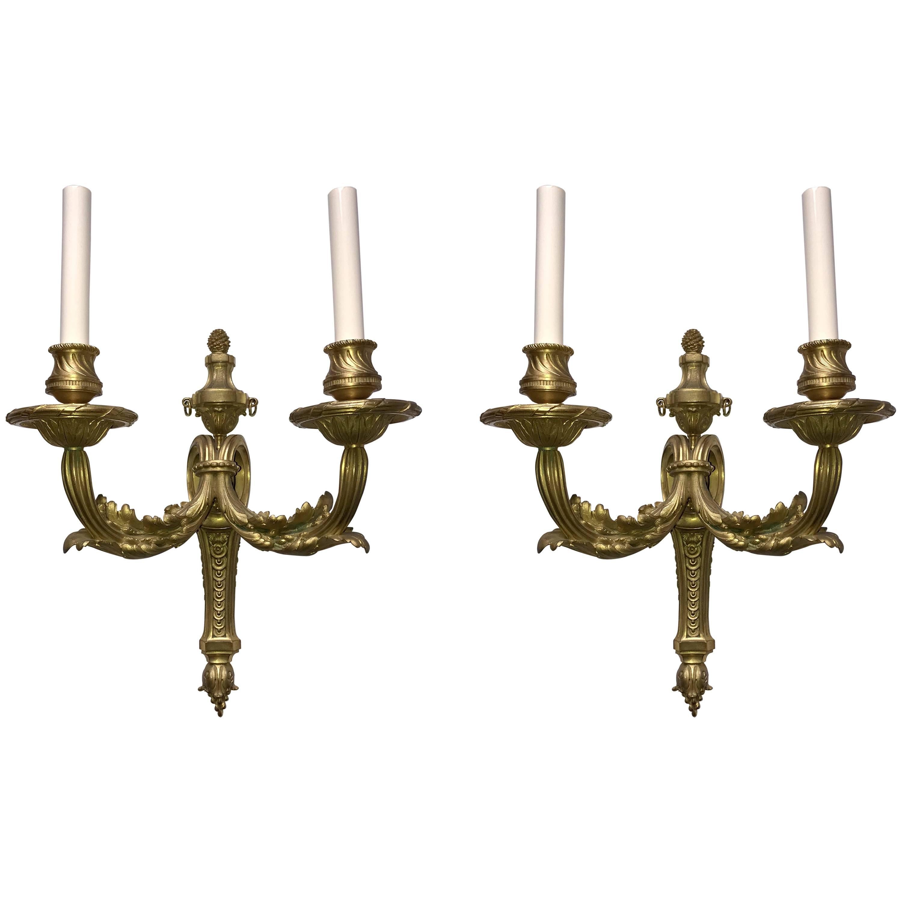 Wonderful Pair French Bronze Neoclassical Caldwell Regency Urn Filigree Sconces For Sale