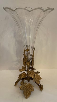 Wonderful Pair French Bronze Foliate Leaf Ormolu Crystal Glass Scalloped Vases