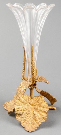 Merveilleuse paire de vases français en bronze, bronze doré et cristal festonné en forme de feuilles de feuillage