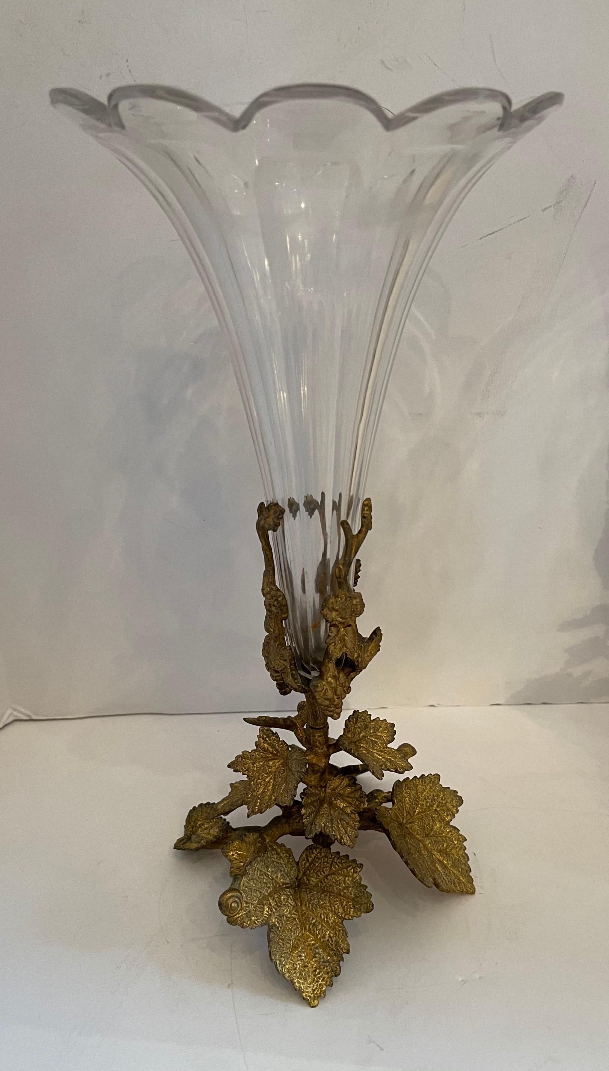 Belle Époque Wonderful Pair French Bronze Foliate Leaf Ormolu Crystal Glass Scalloped Vases For Sale