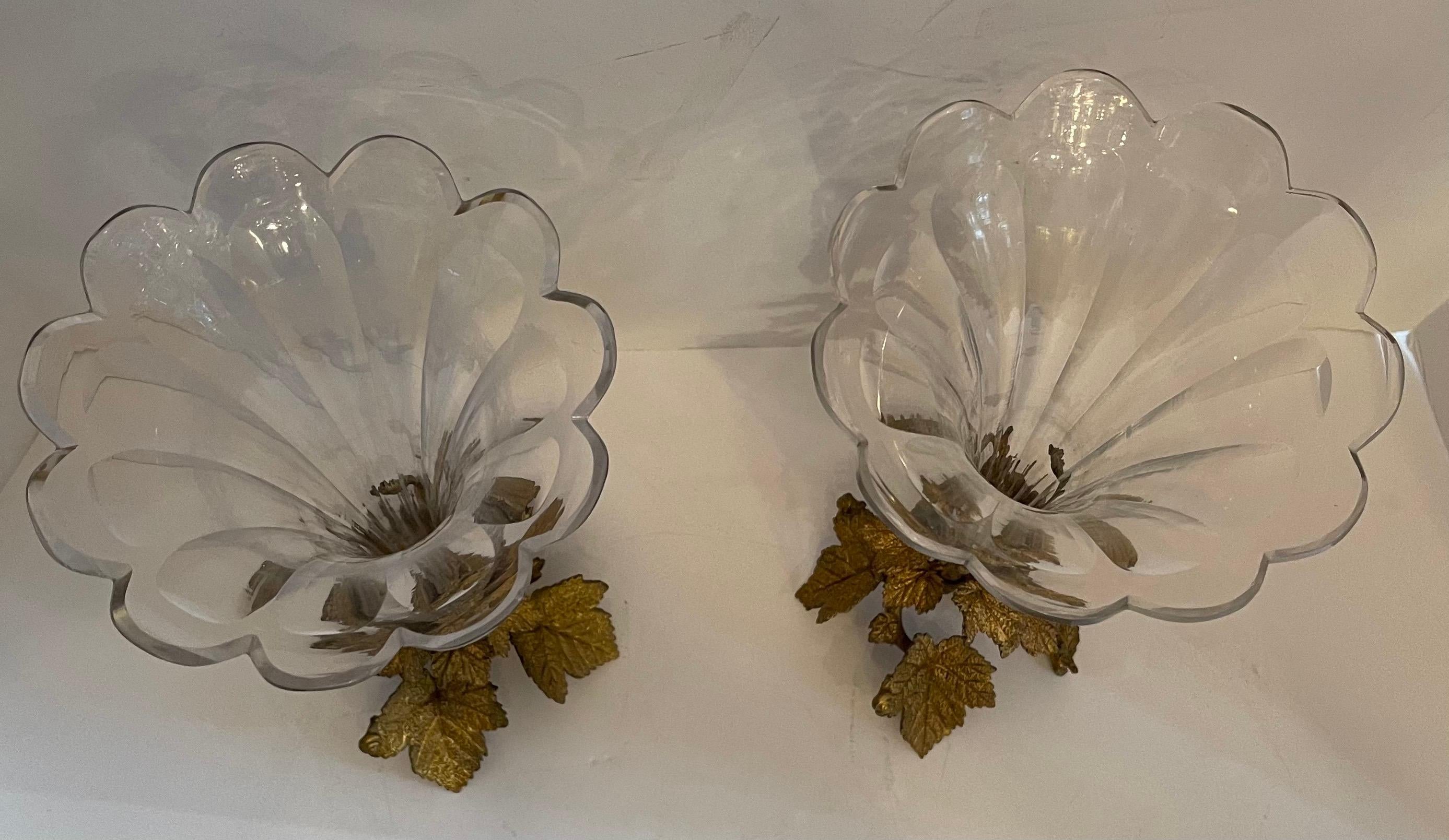 Gilt Wonderful Pair French Bronze Foliate Leaf Ormolu Crystal Glass Scalloped Vases For Sale