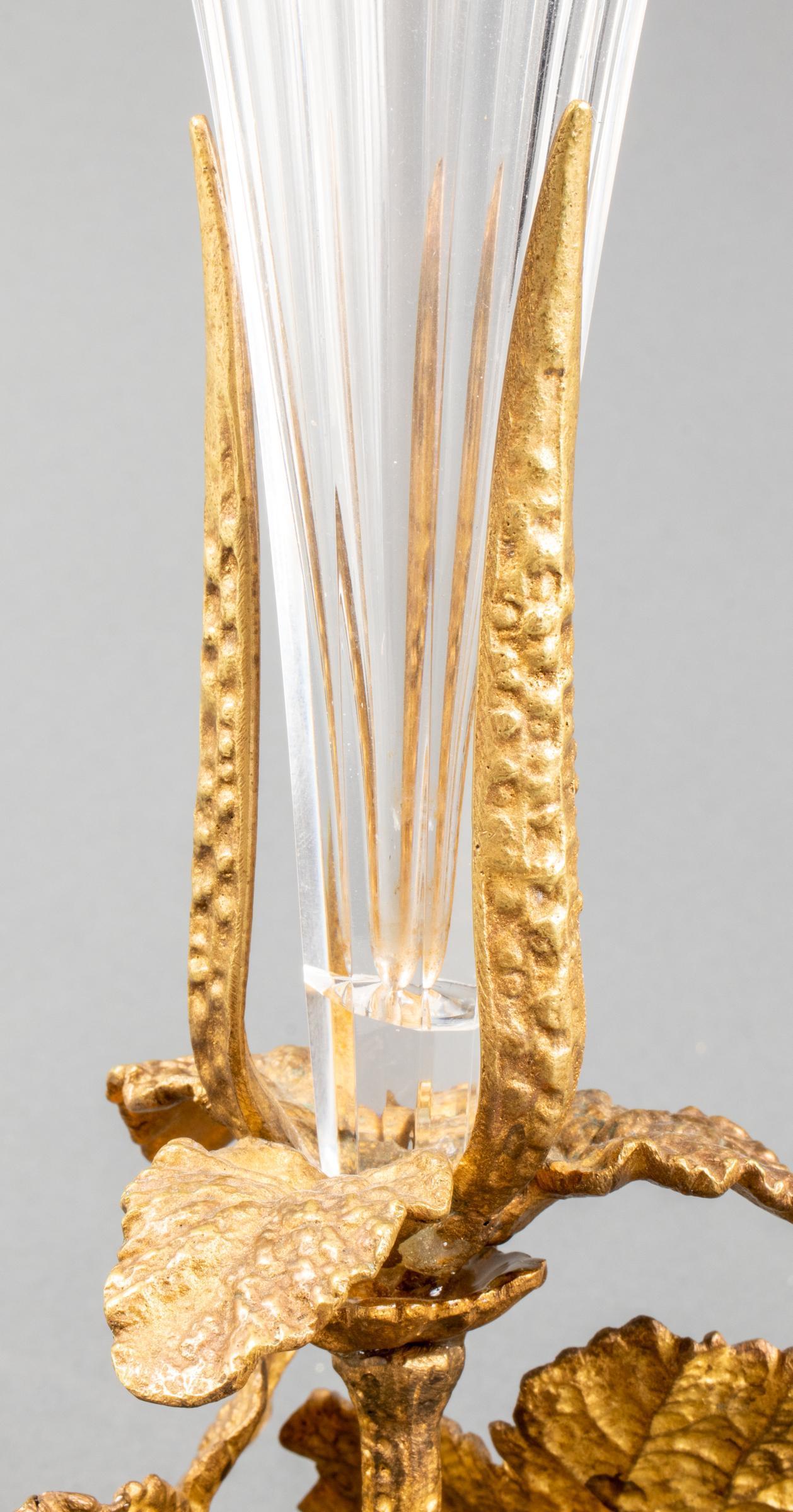 Gilt Wonderful Pair French Bronze Ormolu Crystal Scalloped Glass Foliate Leaf Vases