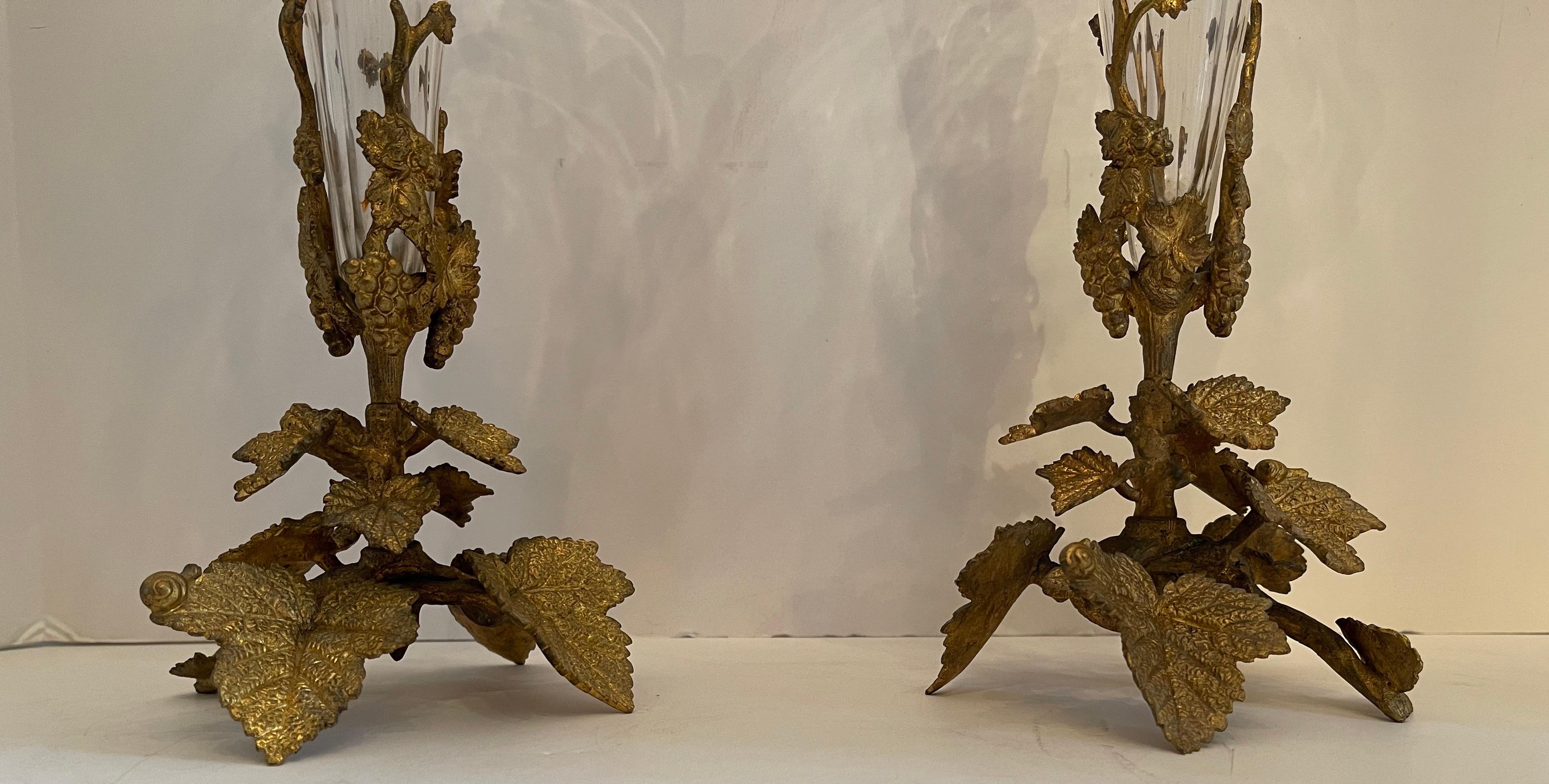 Wonderful Pair French Bronze Foliate Leaf Ormolu Crystal Glass Scalloped Vases In Good Condition For Sale In Roslyn, NY