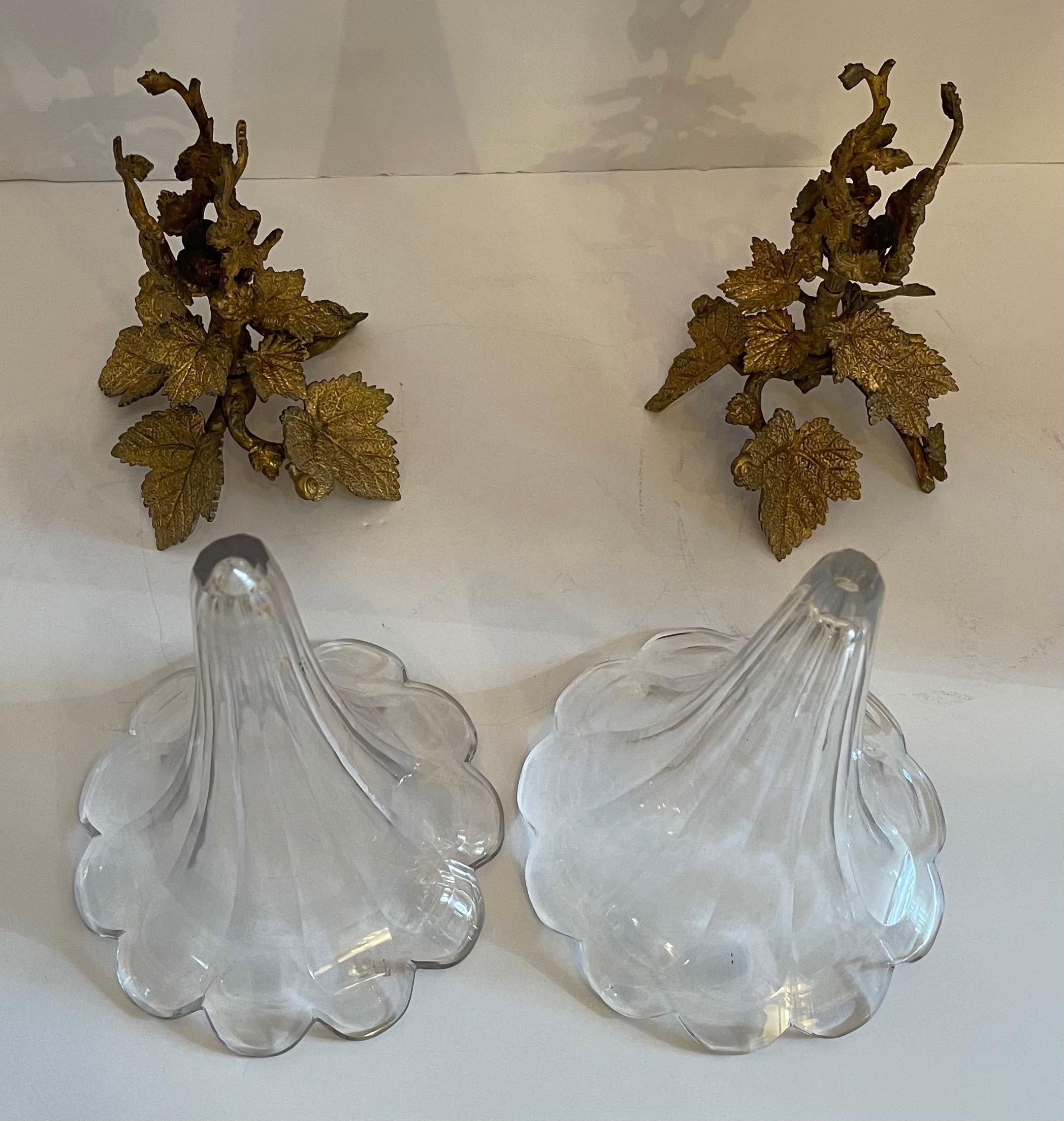 20th Century Wonderful Pair French Bronze Foliate Leaf Ormolu Crystal Glass Scalloped Vases For Sale