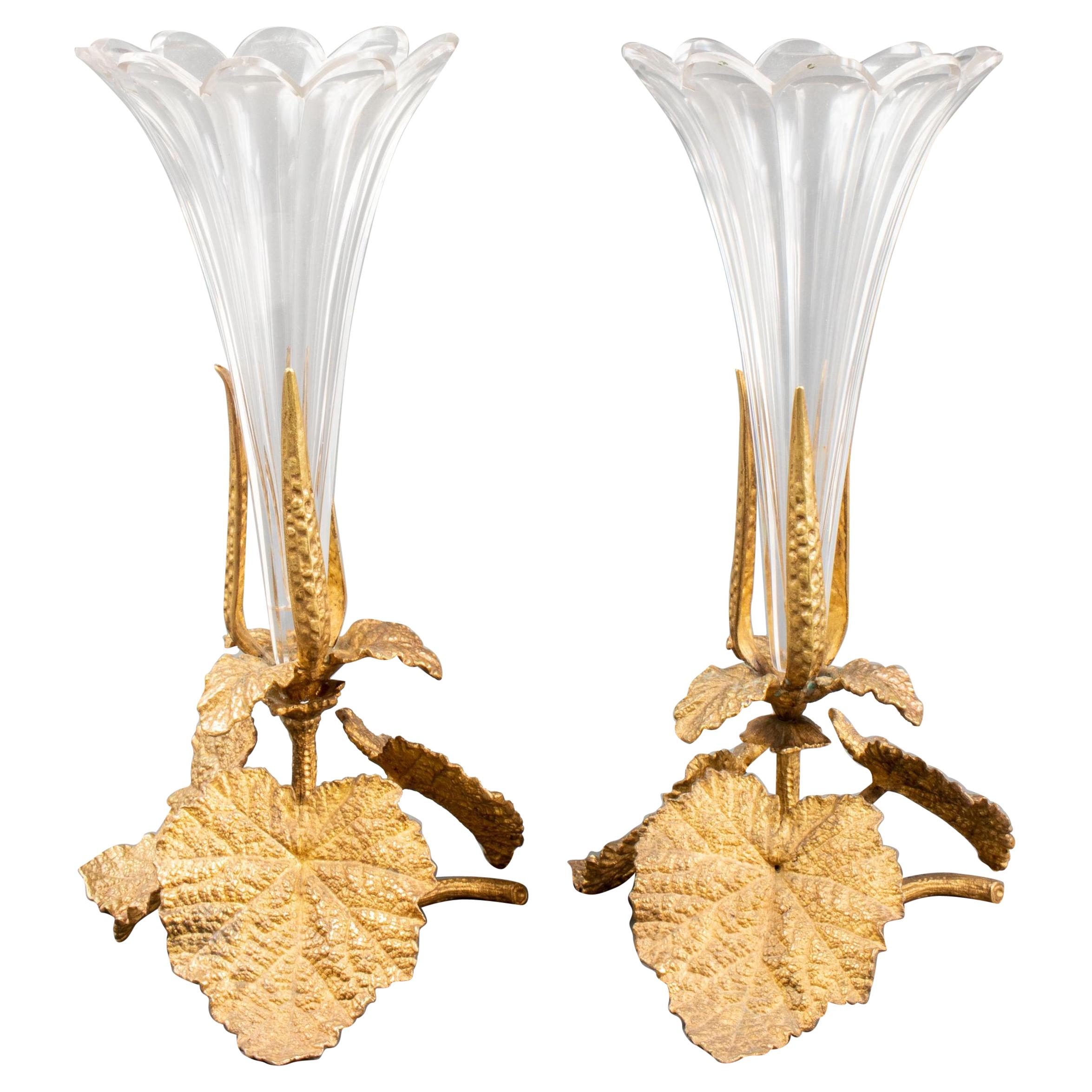 Wonderful Pair French Bronze Ormolu Crystal Scalloped Glass Foliate Leaf Vases