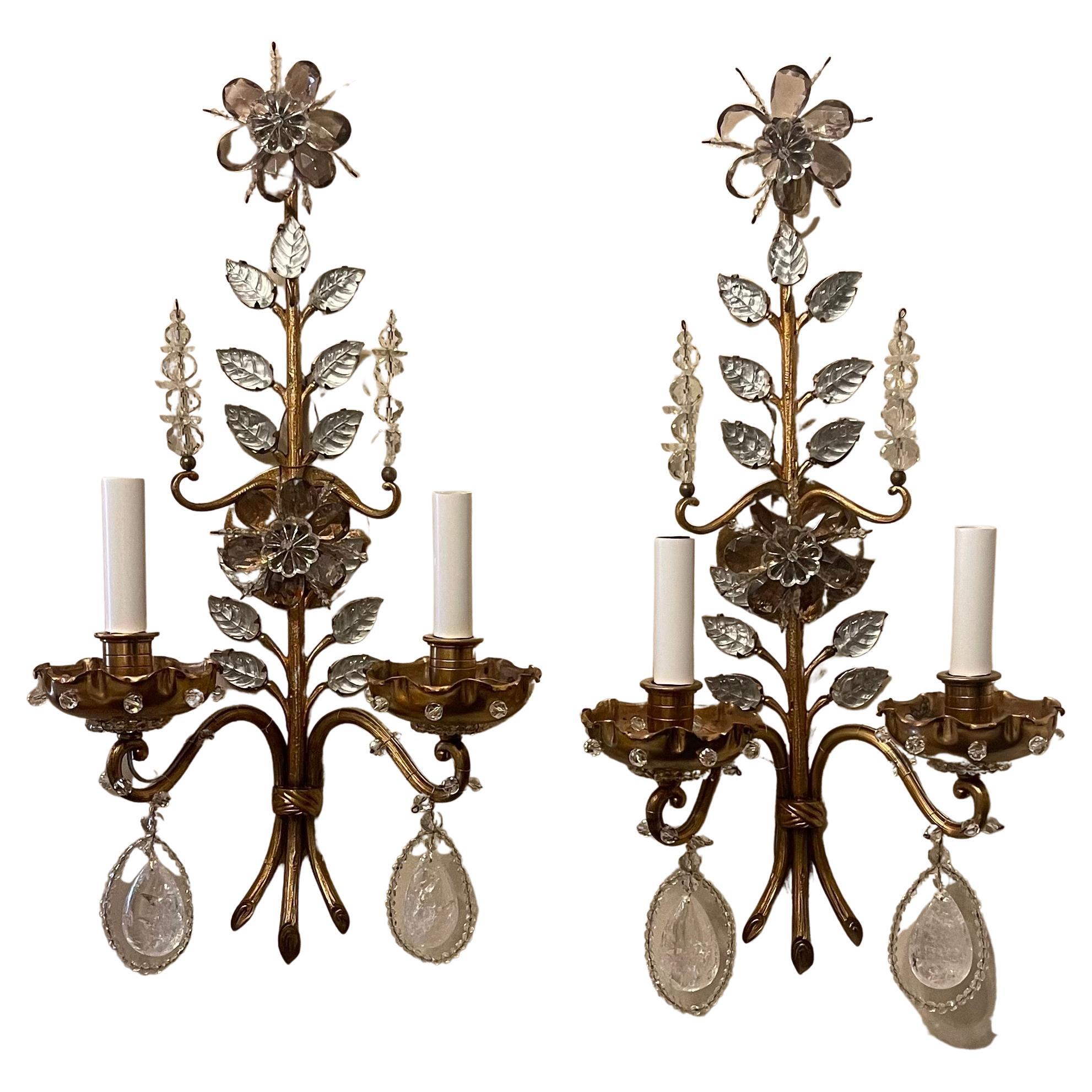 A Wonderful Pair Of French Bronze & Rock Crystal Drop With Amethyst Flower And Leaf Form Maison Baguès Two Candelabra Light Sconces Retailed By Nestle's NYC.

*Completely Rewired With New Sockets And Ready To Install