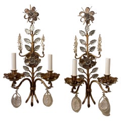 Wonderful Pair French Bronze Rock Crystal Maison Baguès Flower Nestle Sconces