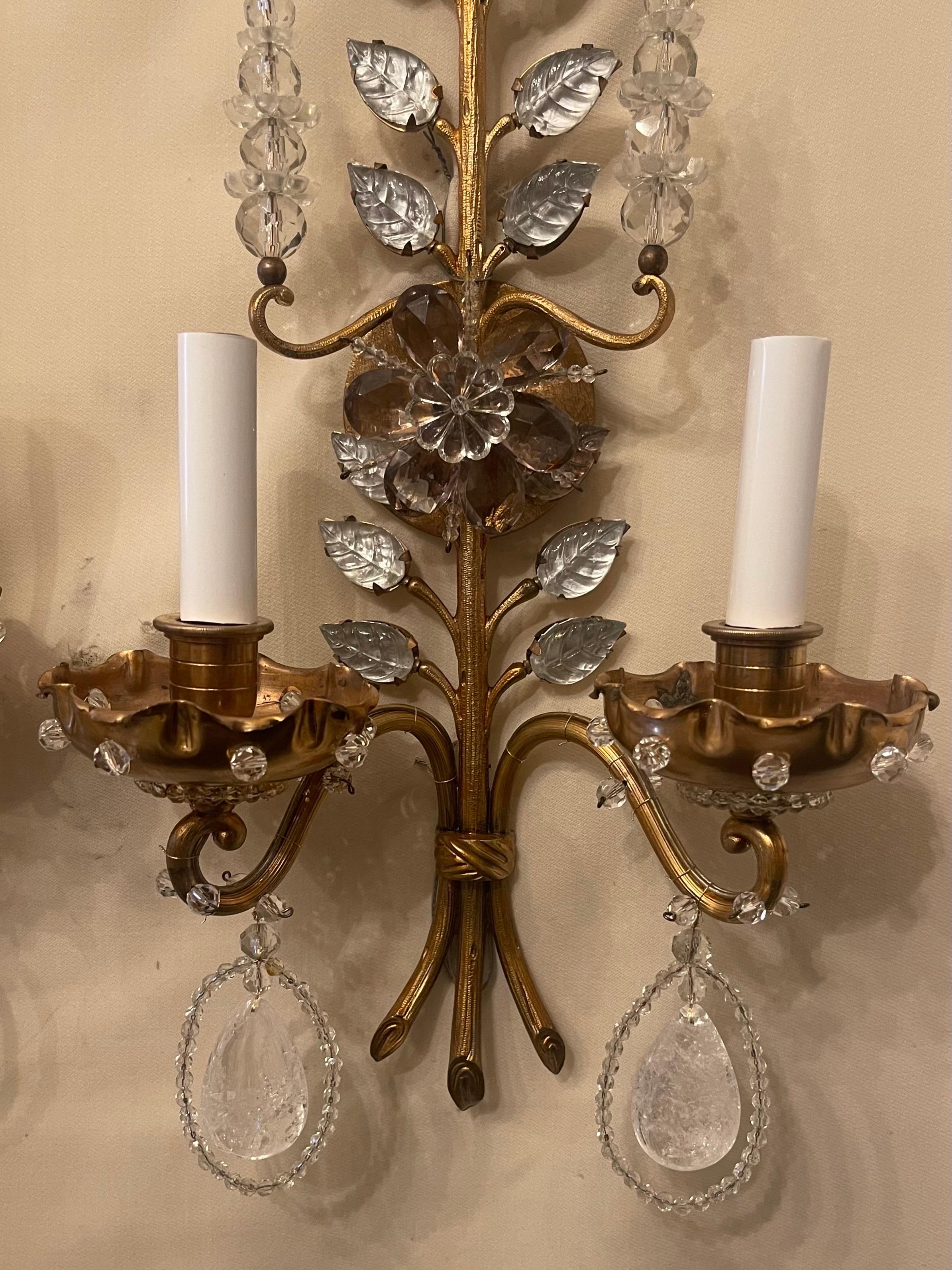 Wonderful Pair French Bronze Rock Crystal Maison Baguès Flower Nestle Sconces In Good Condition In Roslyn, NY