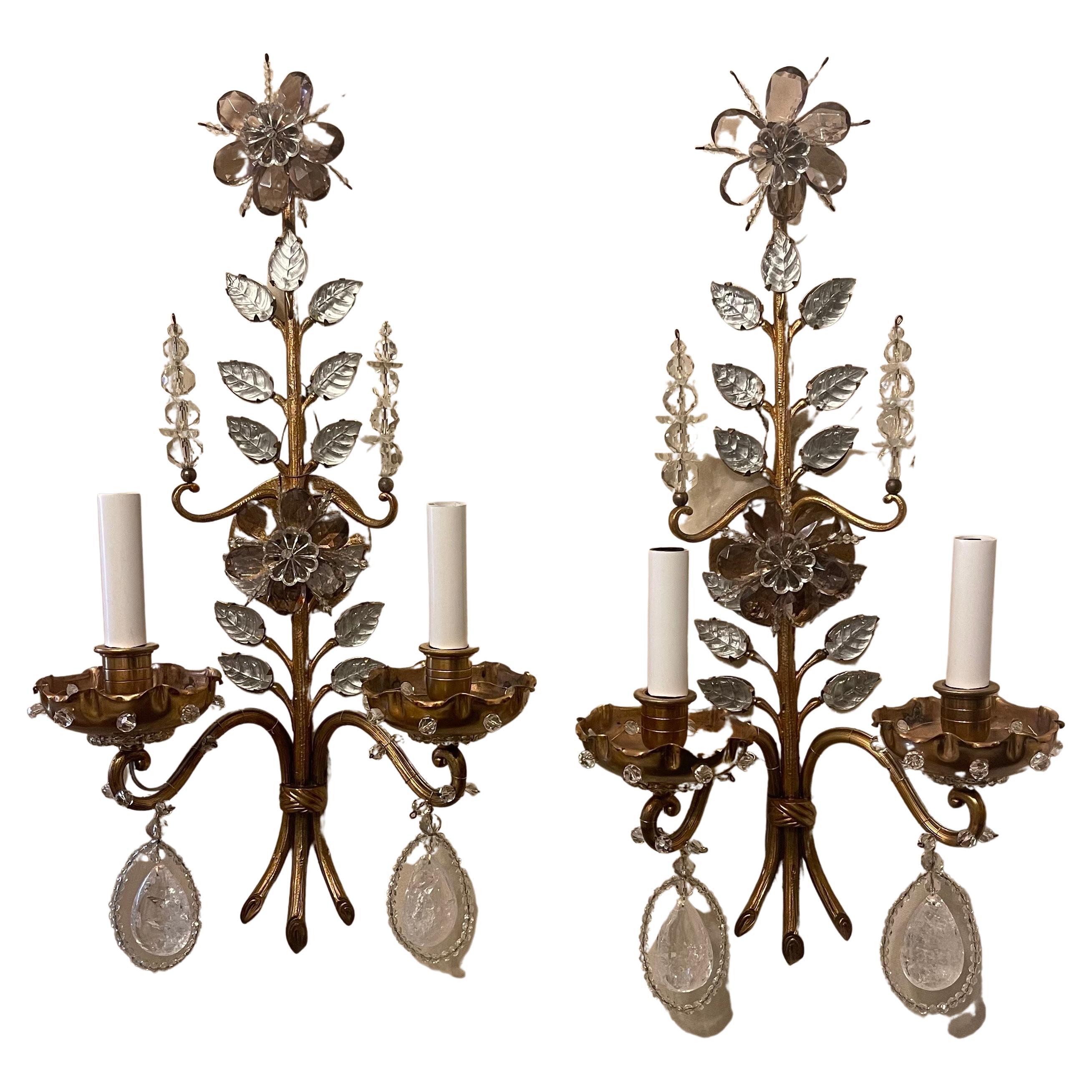 Wonderful Pair French Bronze Rock Crystal Maison Baguès Flower Nestle Sconces