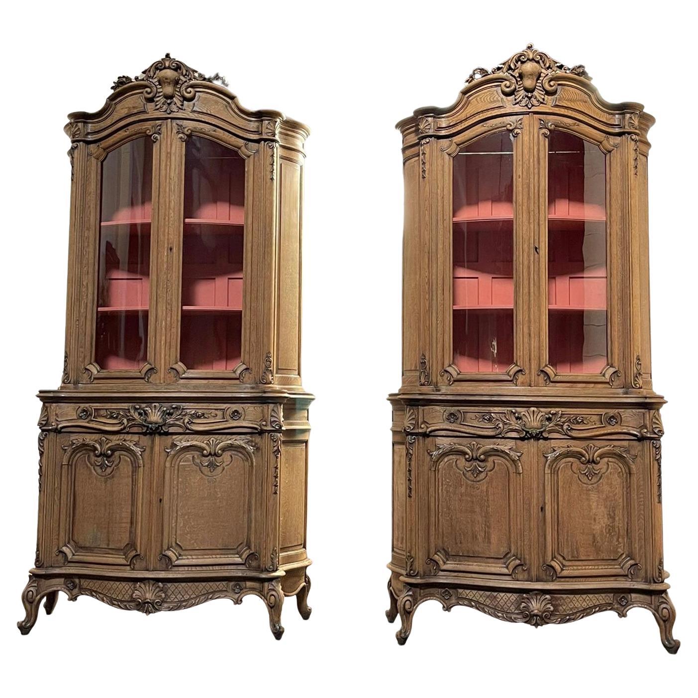 Wonderful Pair French Carved Oak Cabinets For Sale