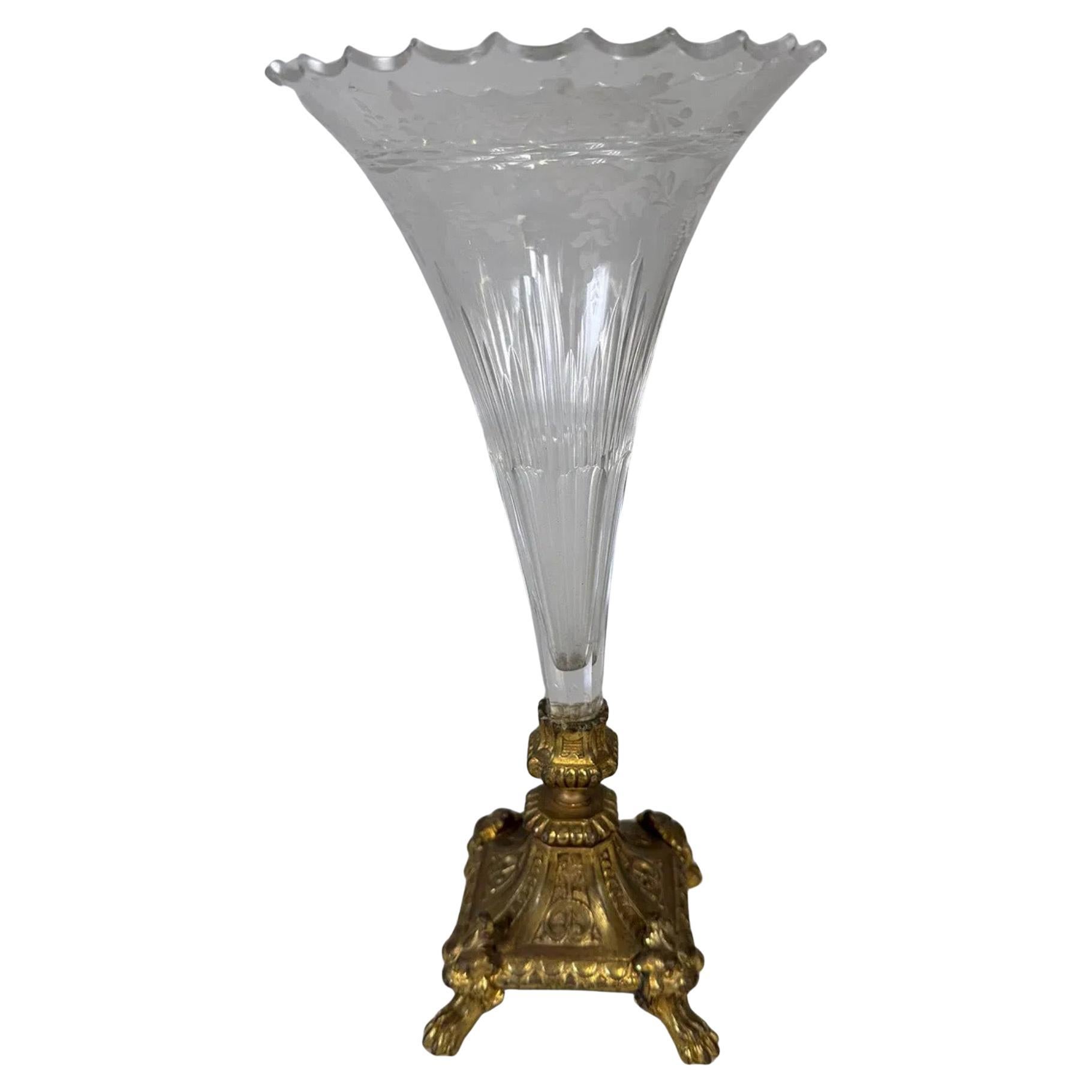 A Wonderful Pair Of French Continental Etched Crystal And Scalloped Rim Set Into Bronze Ormolu Base Trumpet Vases