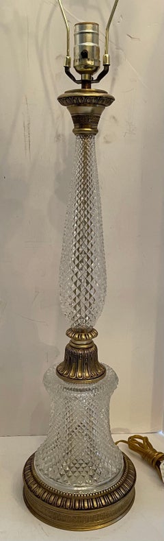 Wonderful Pair of French Diamond Cut Crystal Gilt Dore Bronze Column Lamps