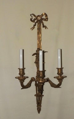 Wonderful Pair French Dore Bronze Bow Love Birds Tassel Swag Three-Arm Sconces