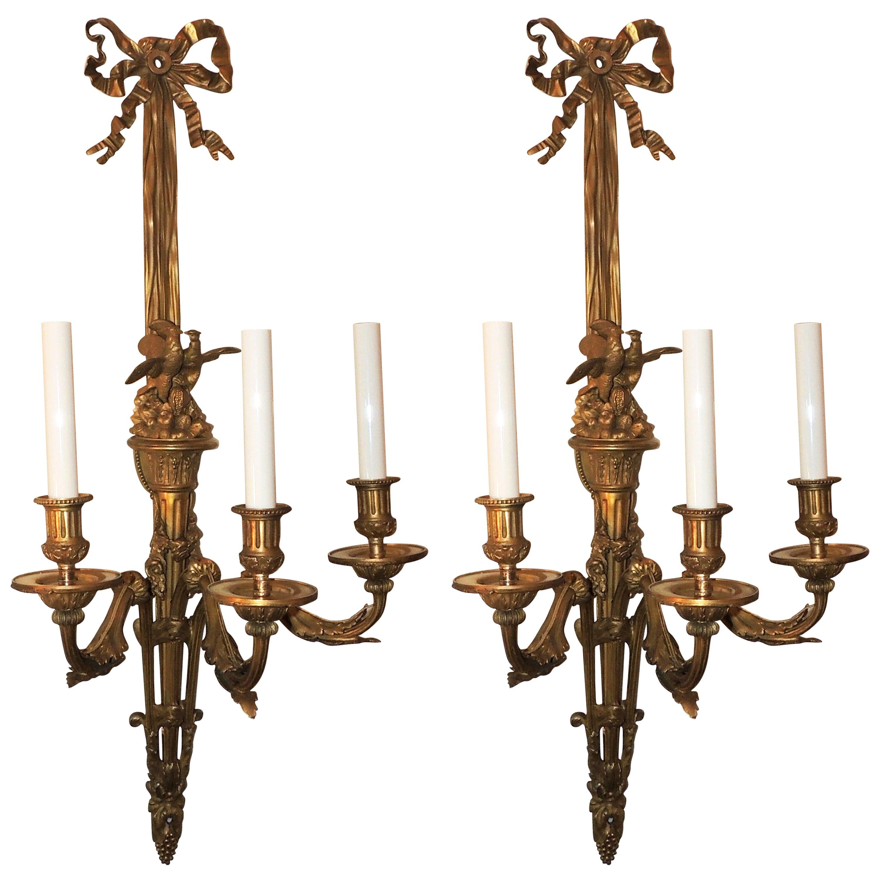 Wonderful Pair French Dore Bronze Bow Love Birds Tassel Swag Three-Arm Sconces