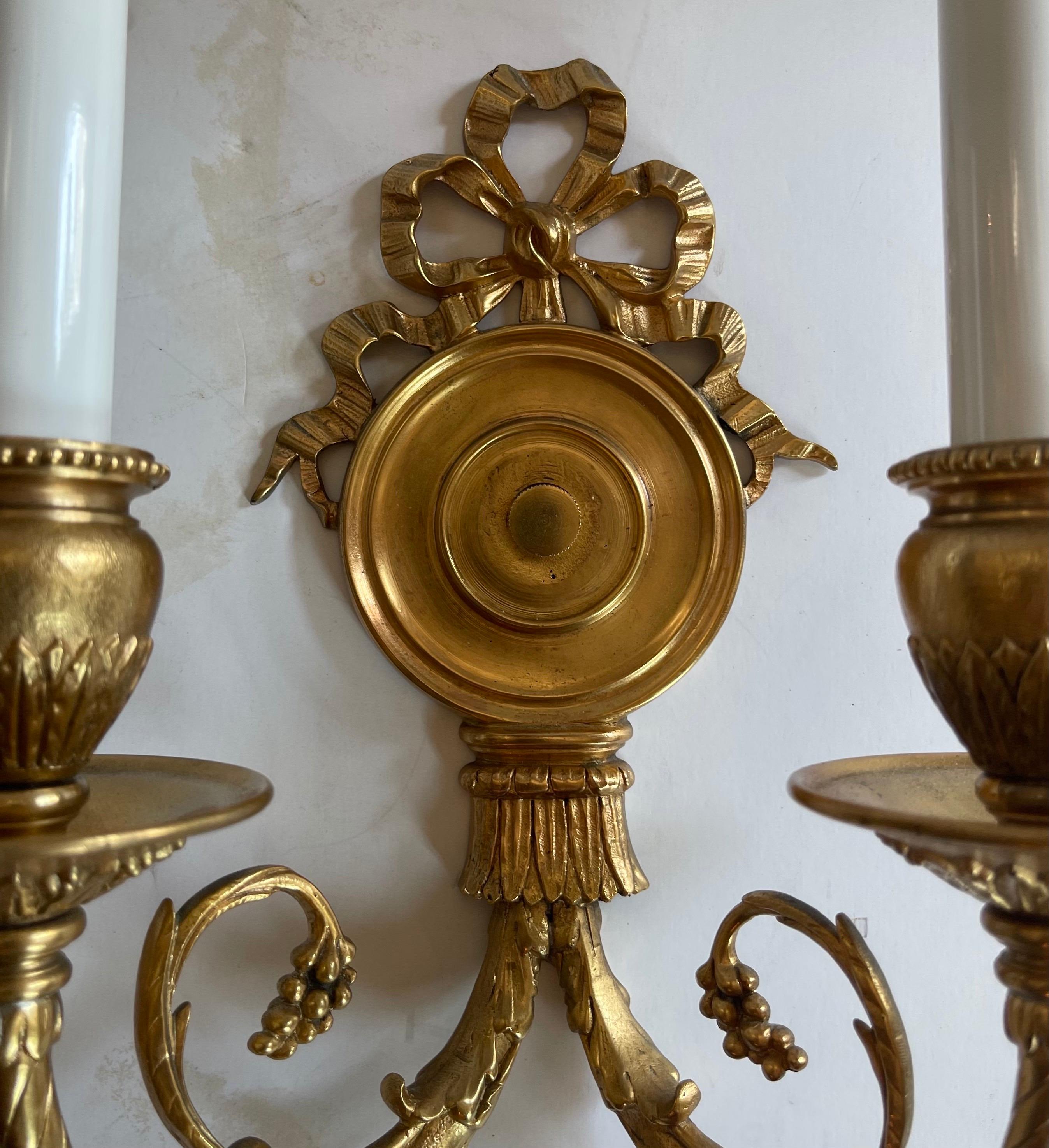 Belle Époque Wonderful Pair French Dore Bronze Bow Top Wall Sconces E.F. Caldwell For Sale