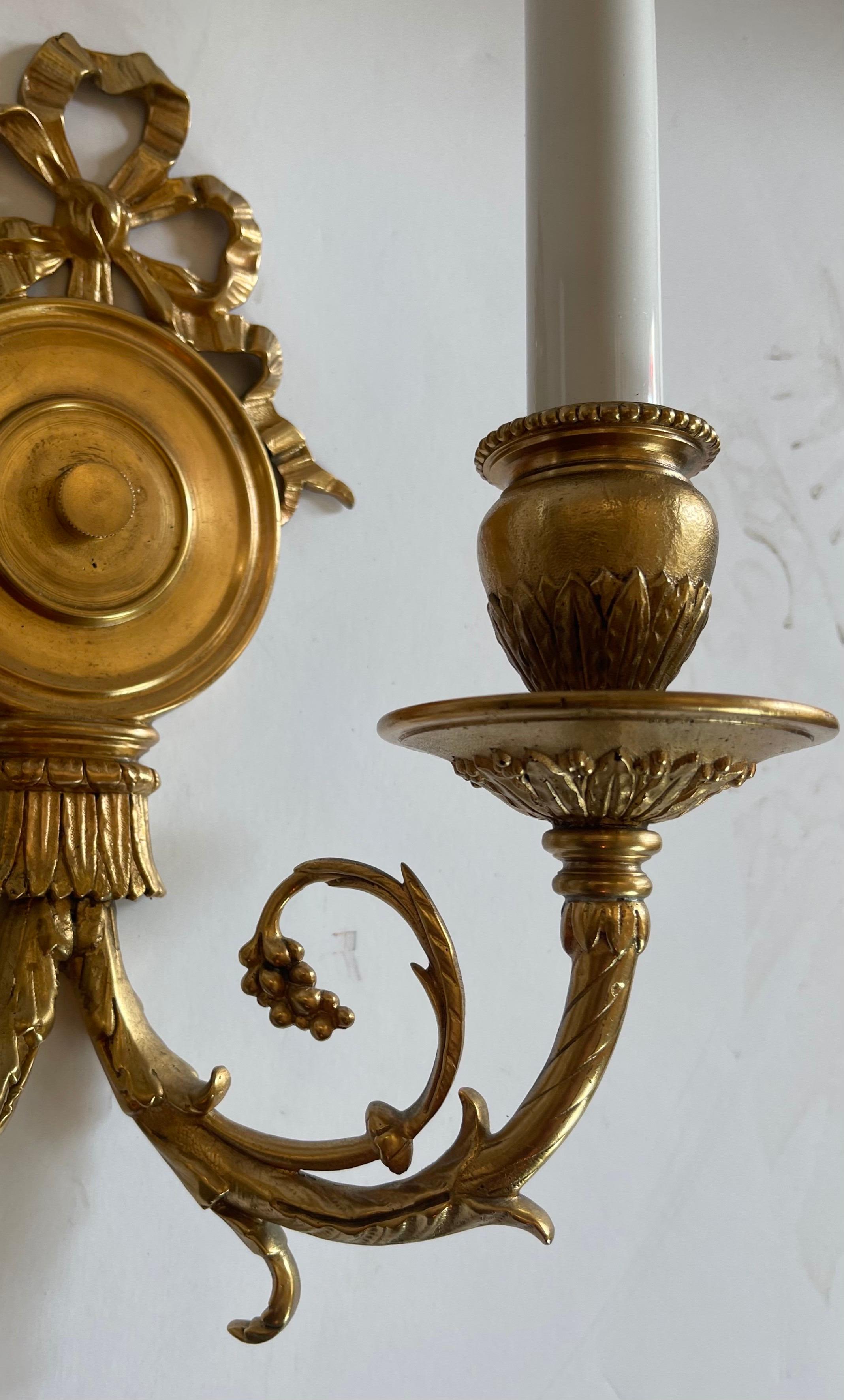 Gilt Wonderful Pair French Dore Bronze Bow Top Wall Sconces E.F. Caldwell For Sale