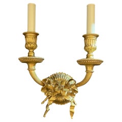 Wonderful Pair French Dore Bronze Caldwell Ribbon Tassel Bow Two-Arm Sconces