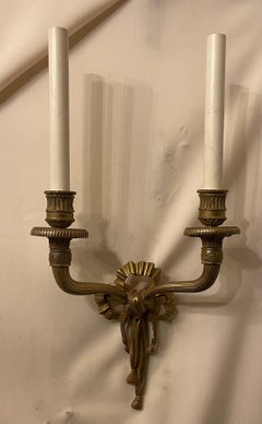 Wonderful Pair French Dore Bronze Caldwell Ribbon Tassel Wreath Two-Arm Sconces