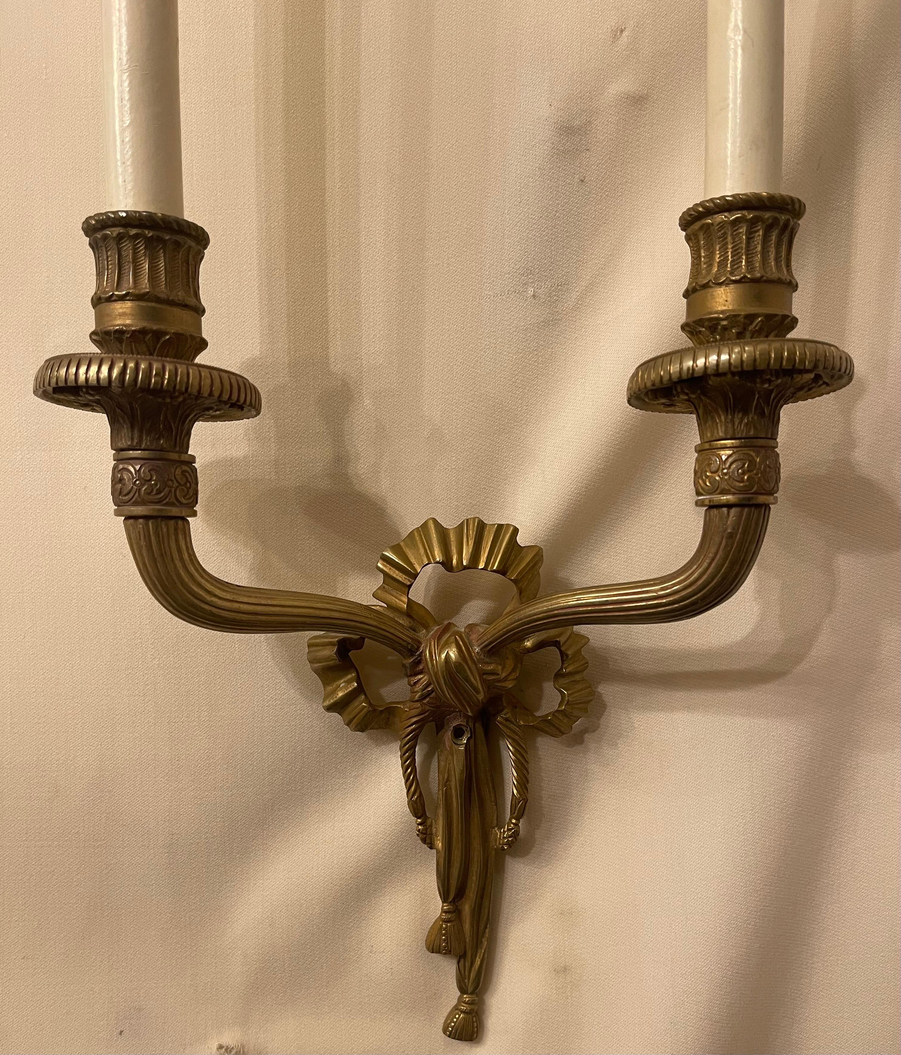 Gilt Wonderful Pair French Dore Bronze Caldwell Ribbon Tassel Wreath Two-Arm Sconces For Sale