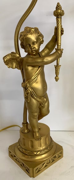 Wonderful Pair of French Dore Bronze Cherub Putti Figural Torch Lamps Sculptures