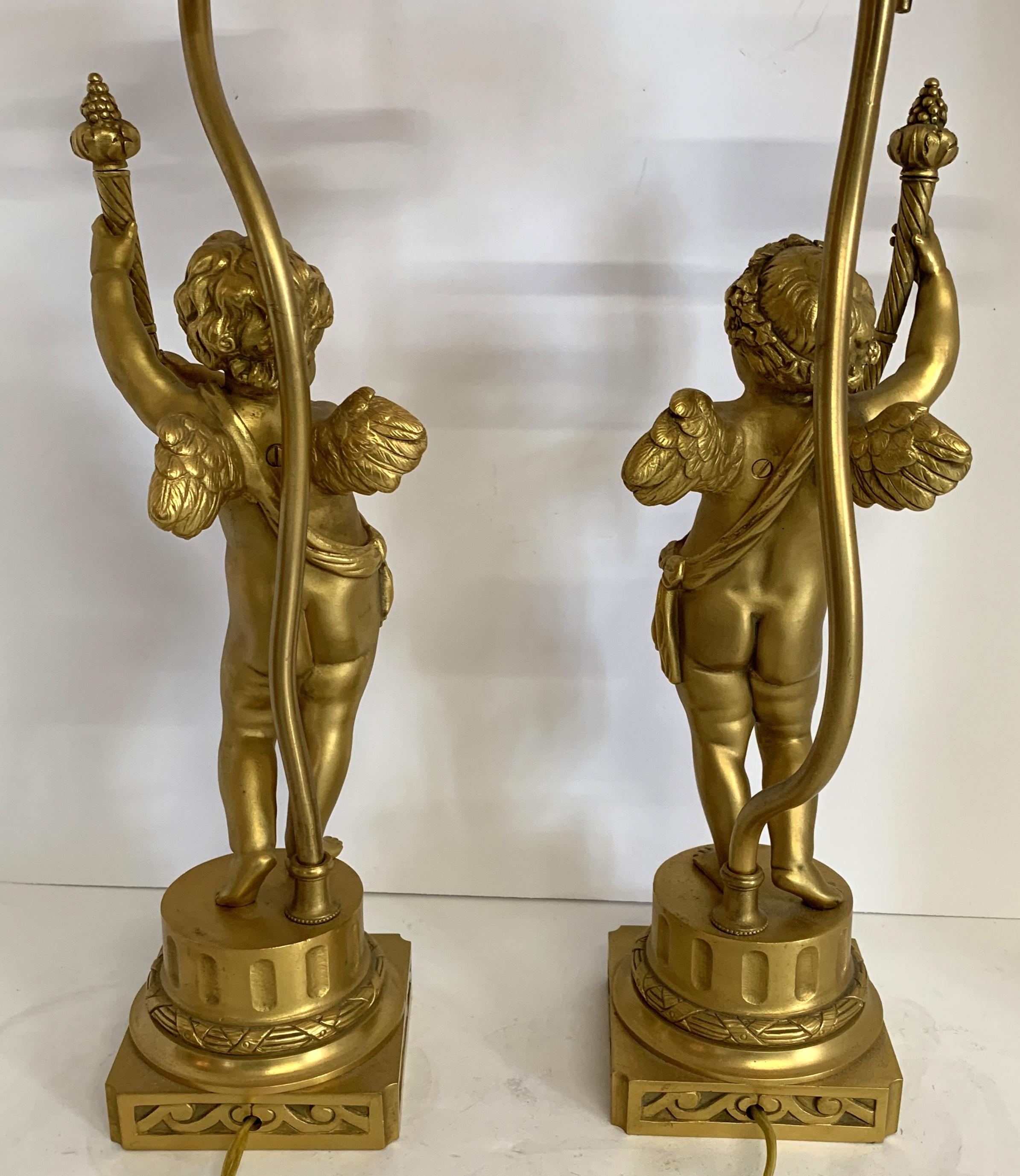 Belle Époque Wonderful Pair of French Dore Bronze Cherub Putti Figural Torch Lamps Sculptures For Sale