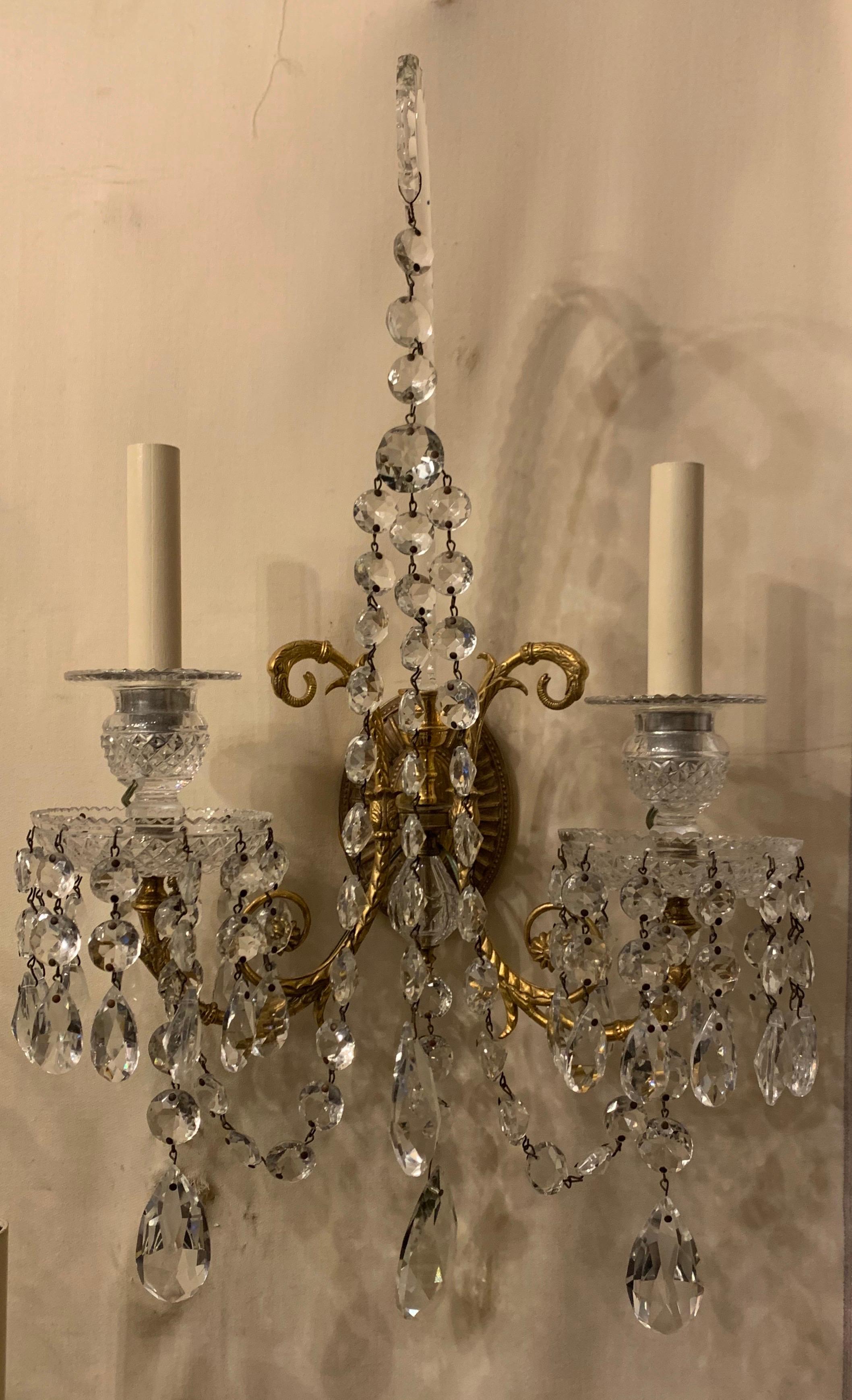Wonderful Pair of French Doré Bronze Crystal Neoclassical Regency Empire Sconces In Good Condition In Roslyn, NY