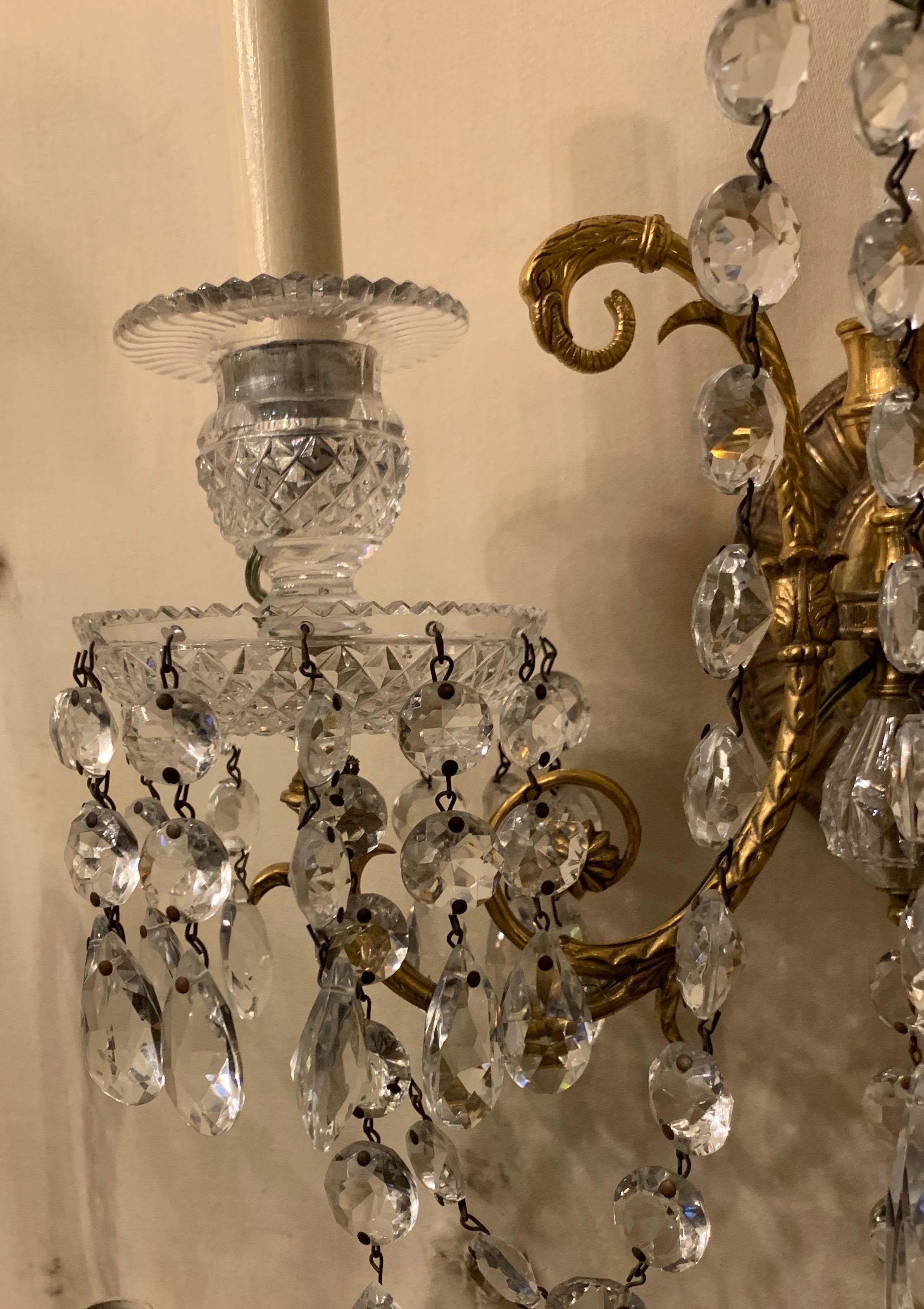 20th Century Wonderful Pair of French Doré Bronze Crystal Neoclassical Regency Empire Sconces