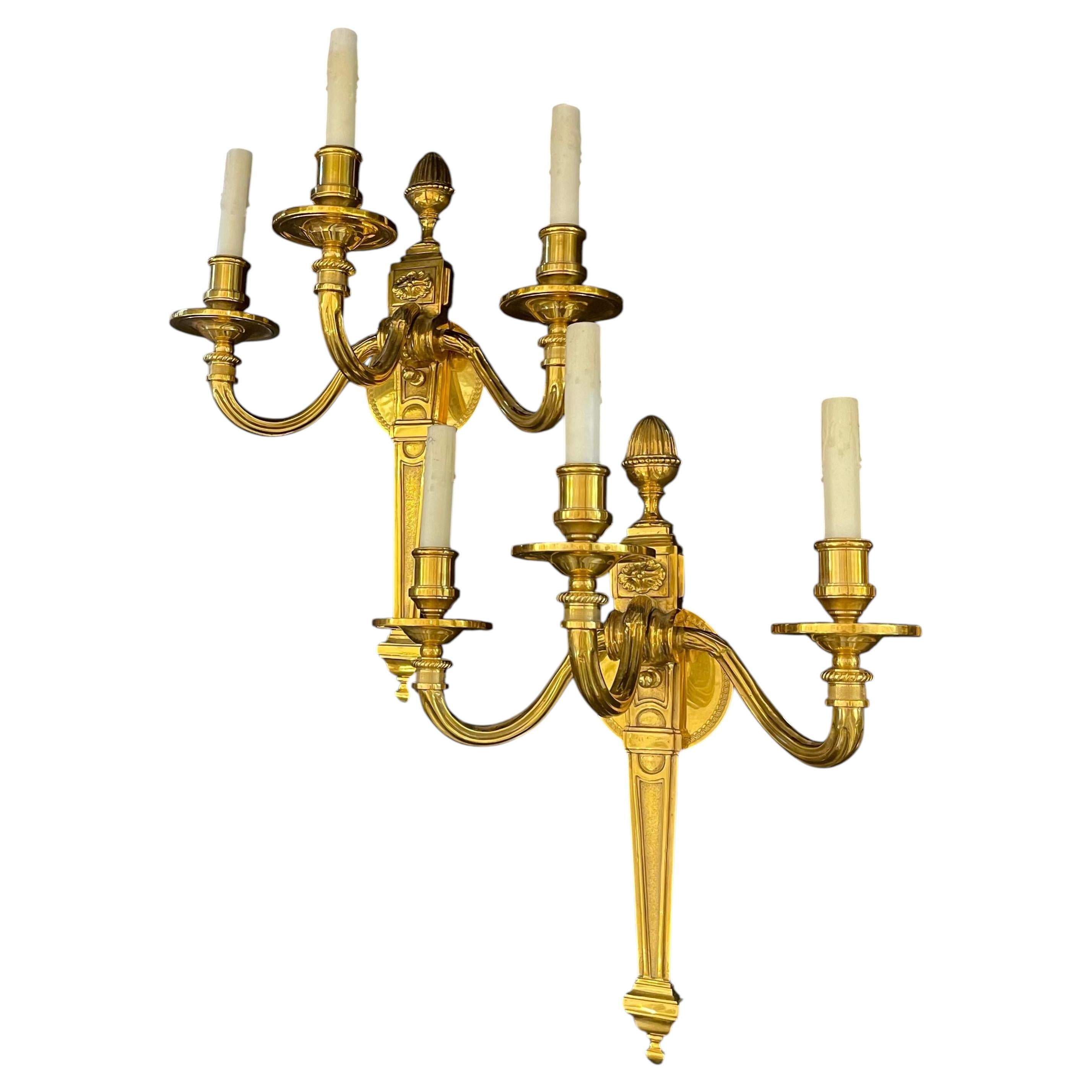 Wonderful Pair French Doré Bronze Louis XVI Regency Empire Large 3 light Sconces