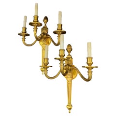 Meravigliosa coppia di grandi applique a 3 luci in bronzo dorato alla francese, stile Luigi XVI, Reggenza e Impero