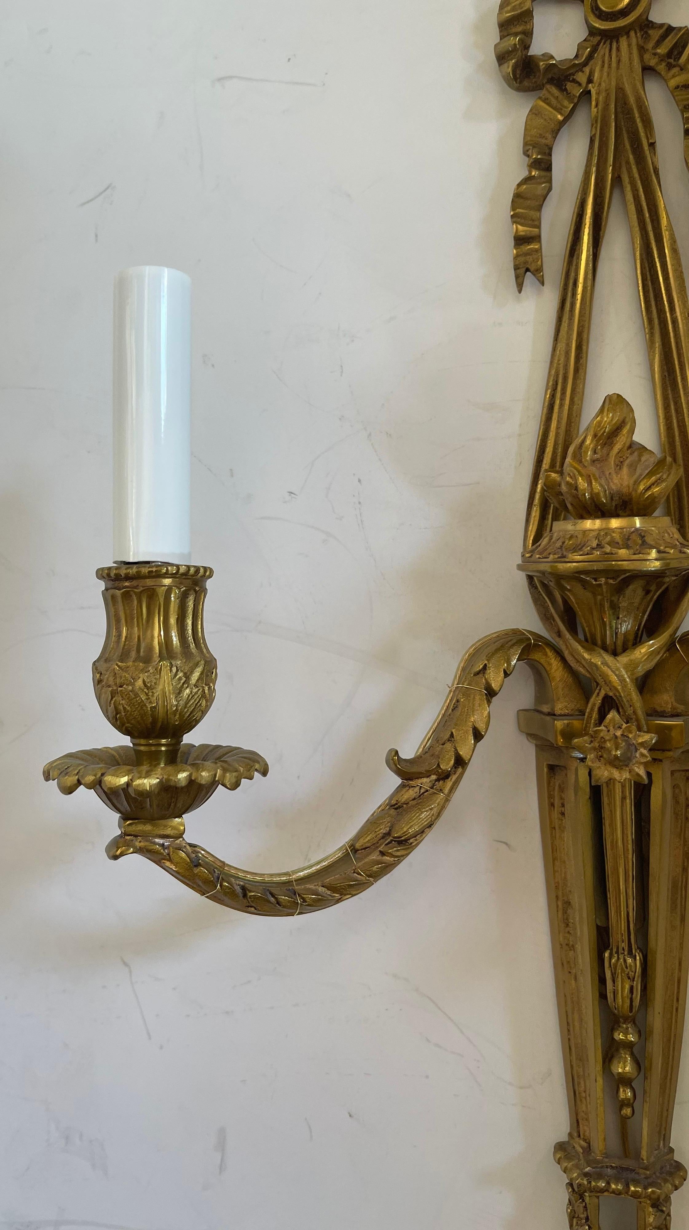 Belle Époque Wonderful Pair French Dore Bronze Ribbon Top Torchiere Neoclassical Sconces For Sale