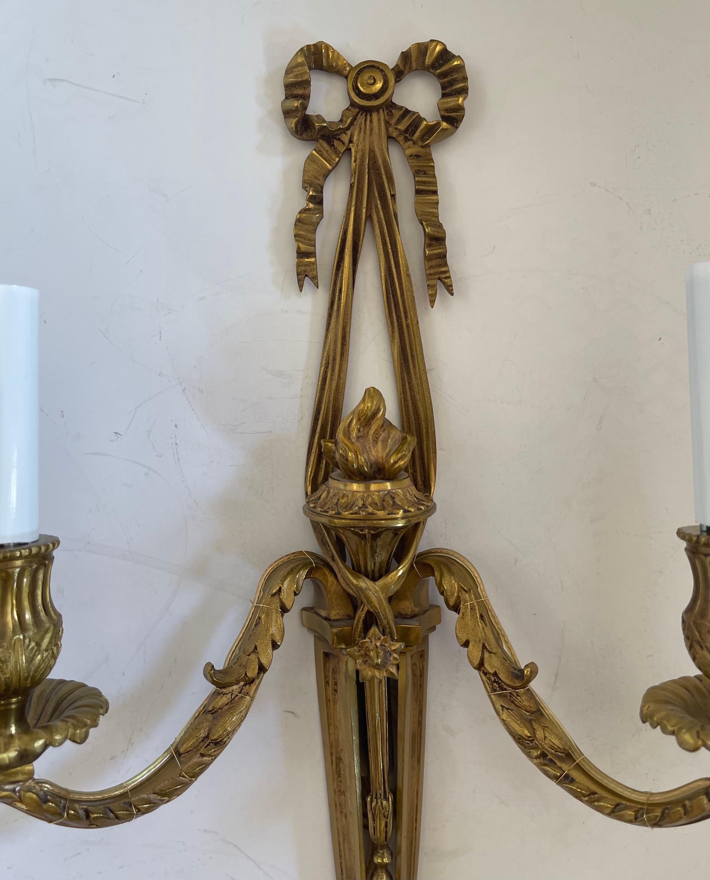 Wonderful Pair French Dore Bronze Ribbon Top Torchiere Neoclassical Sconces In Good Condition For Sale In Roslyn, NY