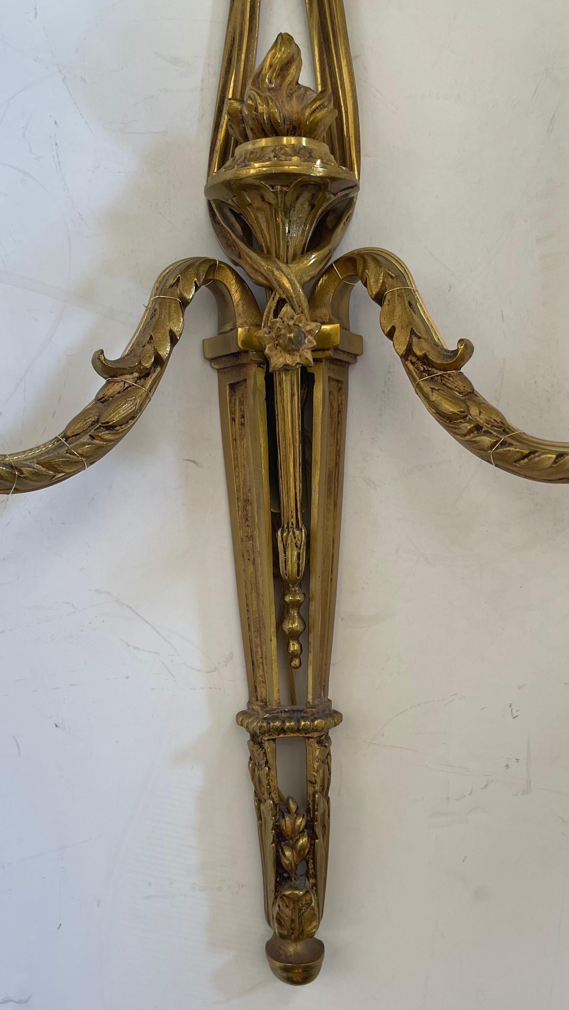 20th Century Wonderful Pair French Dore Bronze Ribbon Top Torchiere Neoclassical Sconces For Sale