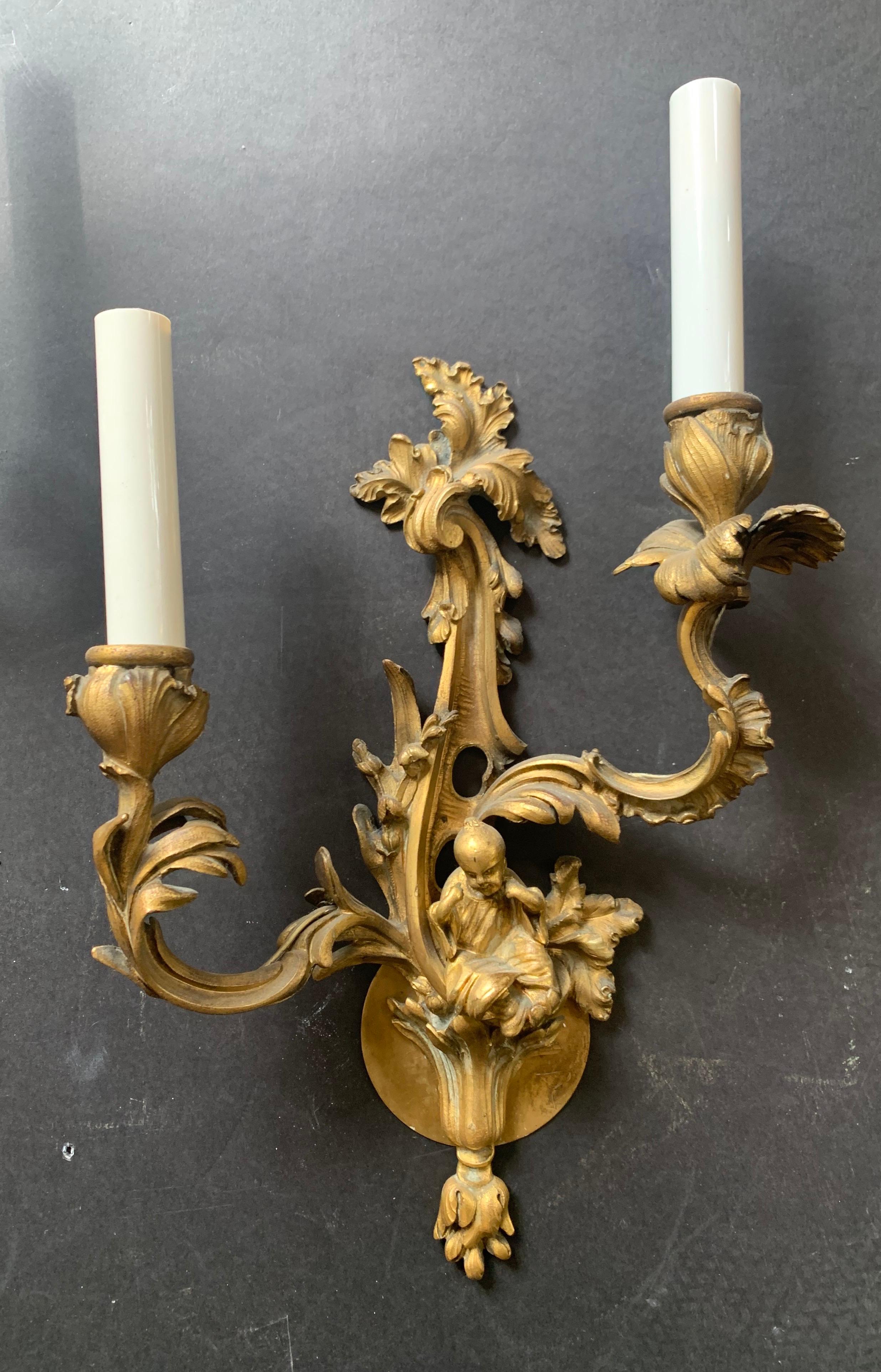 Wonderful Pair of French Dore Bronze Rococo Figural Chinoiserie 2-Light Sconces In Good Condition In Roslyn, NY