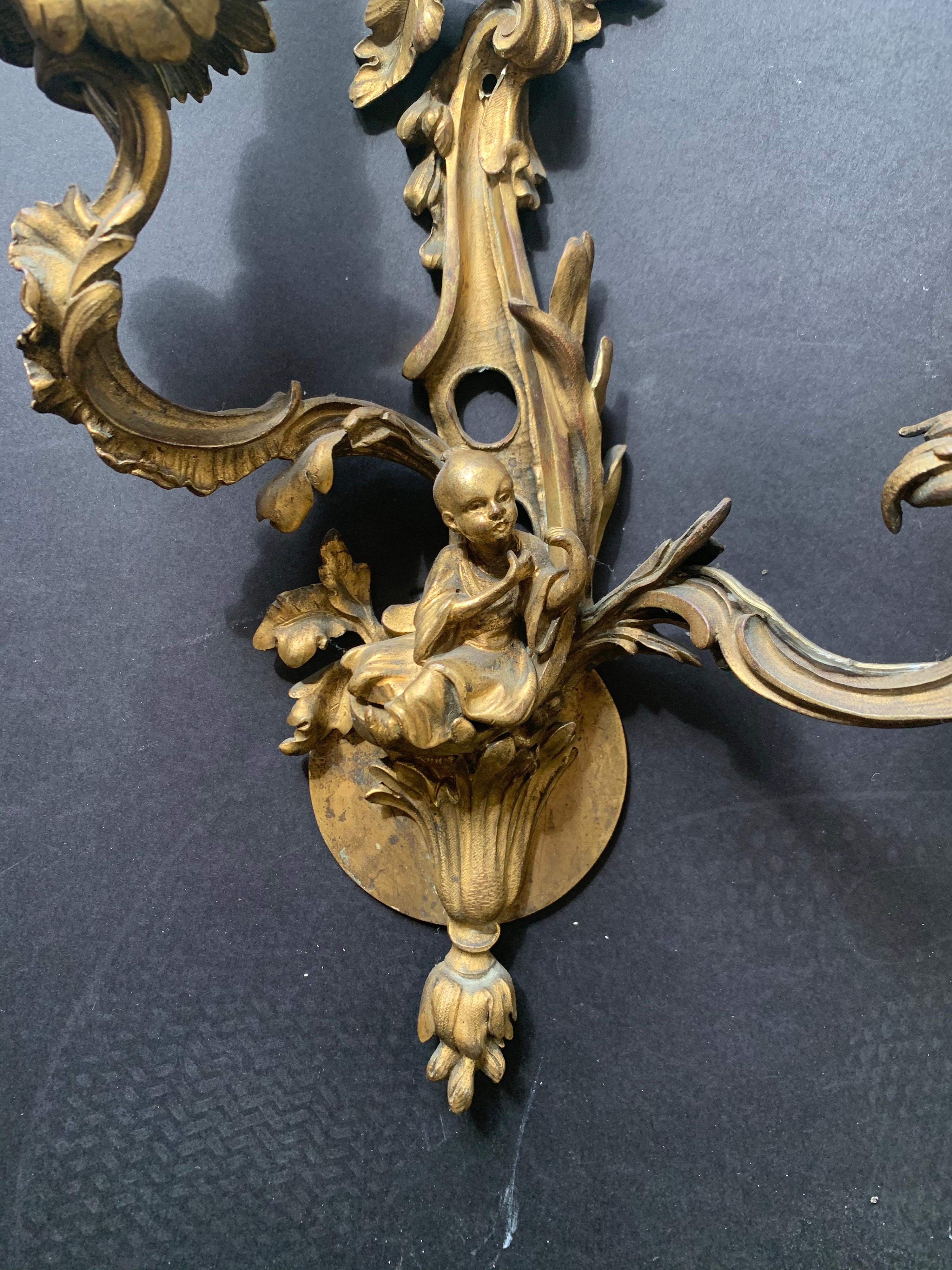 20th Century Wonderful Pair of French Dore Bronze Rococo Figural Chinoiserie 2-Light Sconces