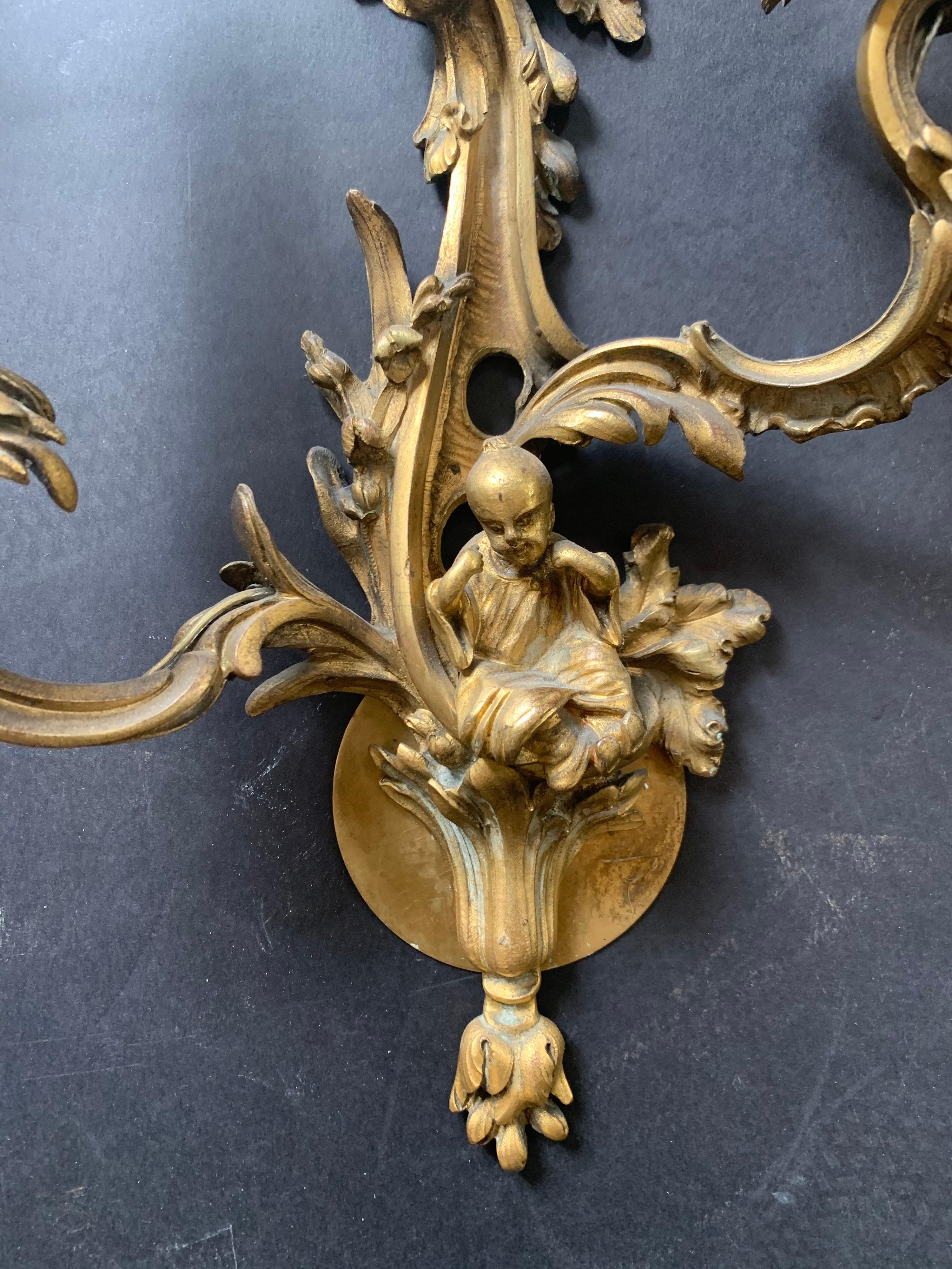 Wonderful Pair of French Dore Bronze Rococo Figural Chinoiserie 2-Light Sconces 1