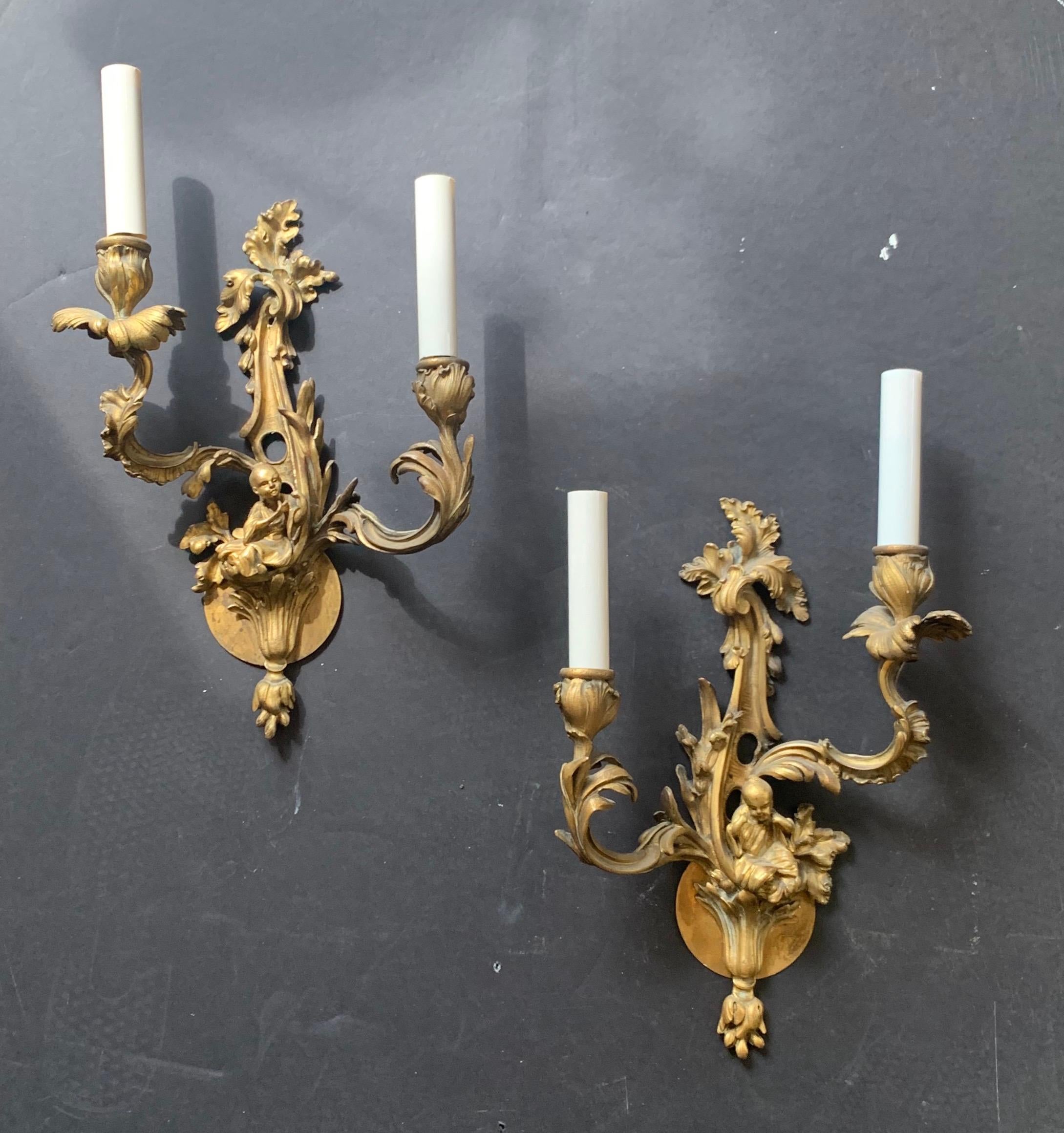 Wonderful Pair of French Dore Bronze Rococo Figural Chinoiserie 2-Light Sconces 2