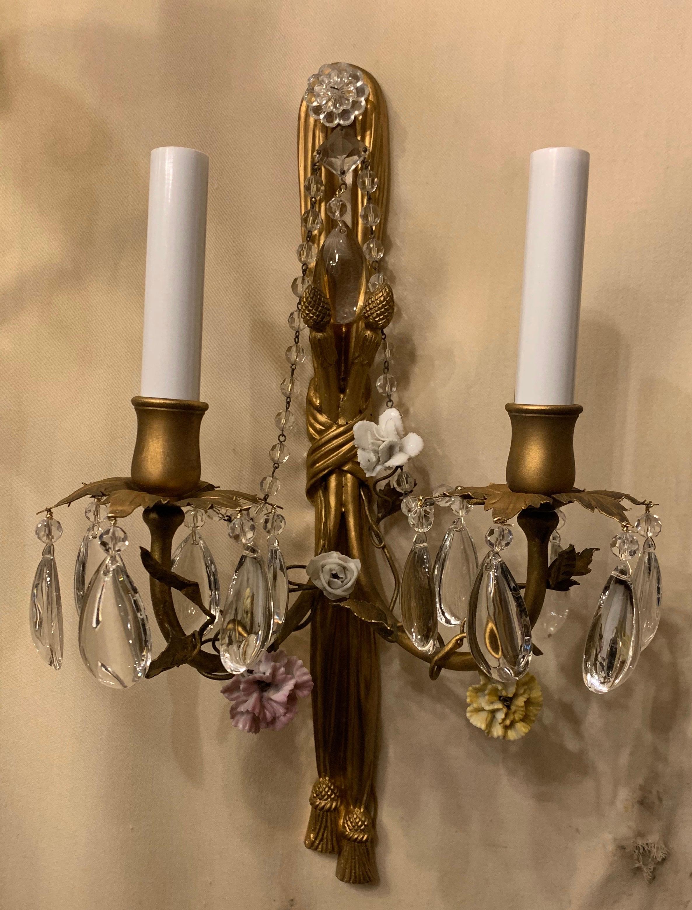 A Wonderful Pair Of French Dore Bronze Tassel For Crystal Drop & Porcelain Flower Sconces With Beaded Swags, Rewired Each With Two Candelabra Sockets And Ready To Install