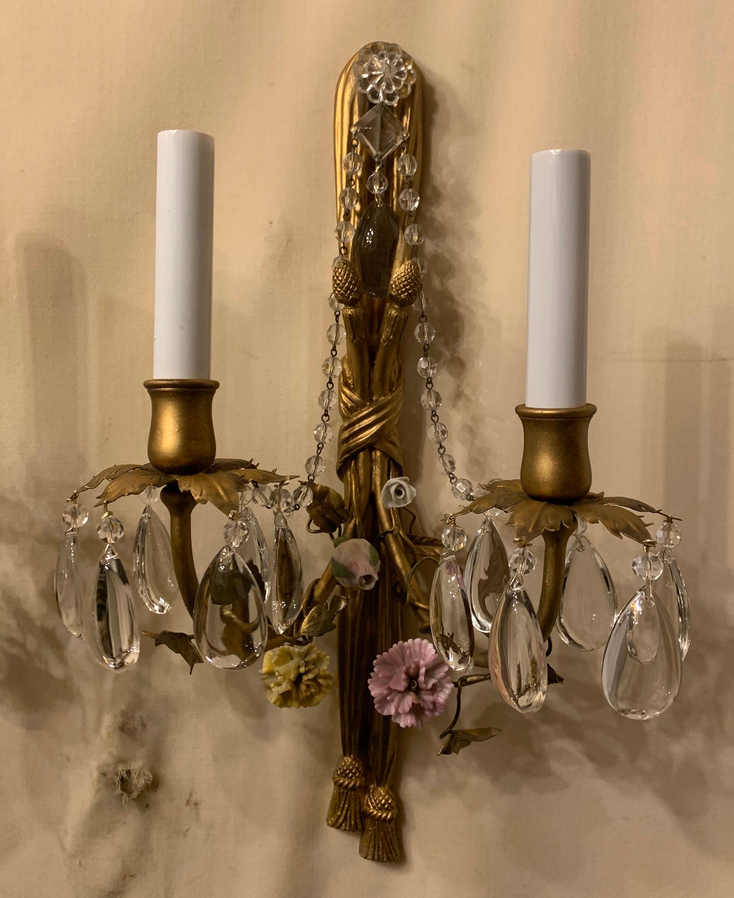 Belle Époque Wonderful Pair French Dore Bronze Tassel Crystal Porcelain Flower Beaded Sconces