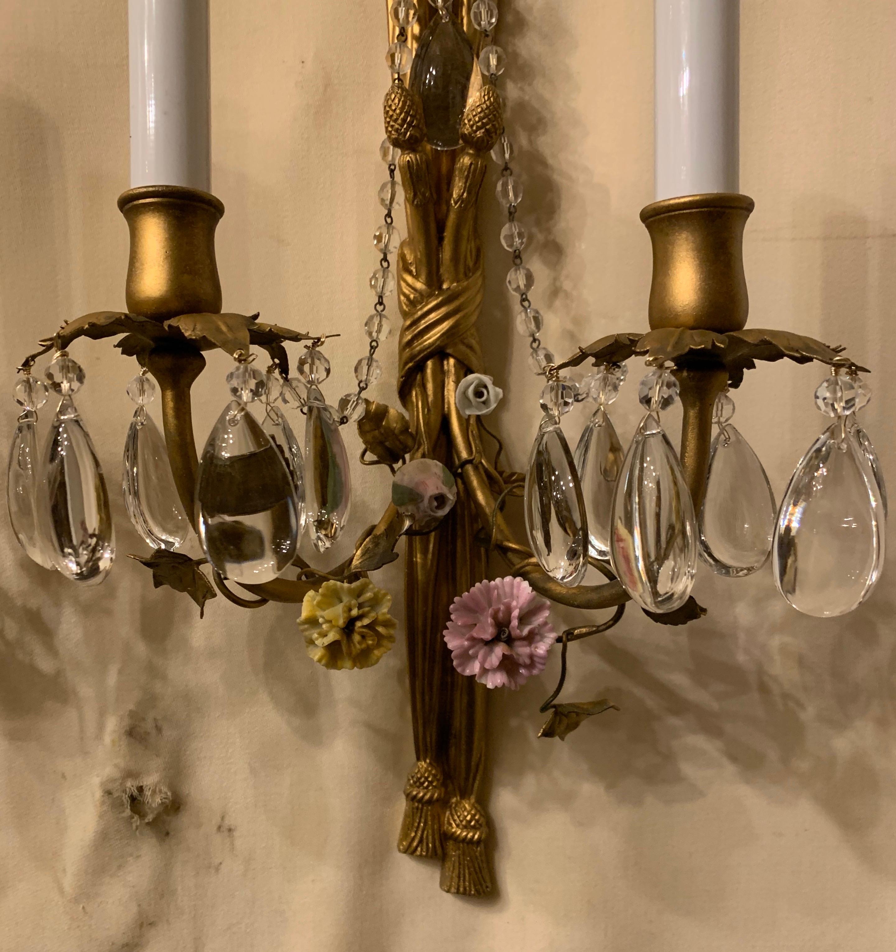 Wonderful Pair French Dore Bronze Tassel Crystal Porcelain Flower Beaded Sconces In Good Condition In Roslyn, NY