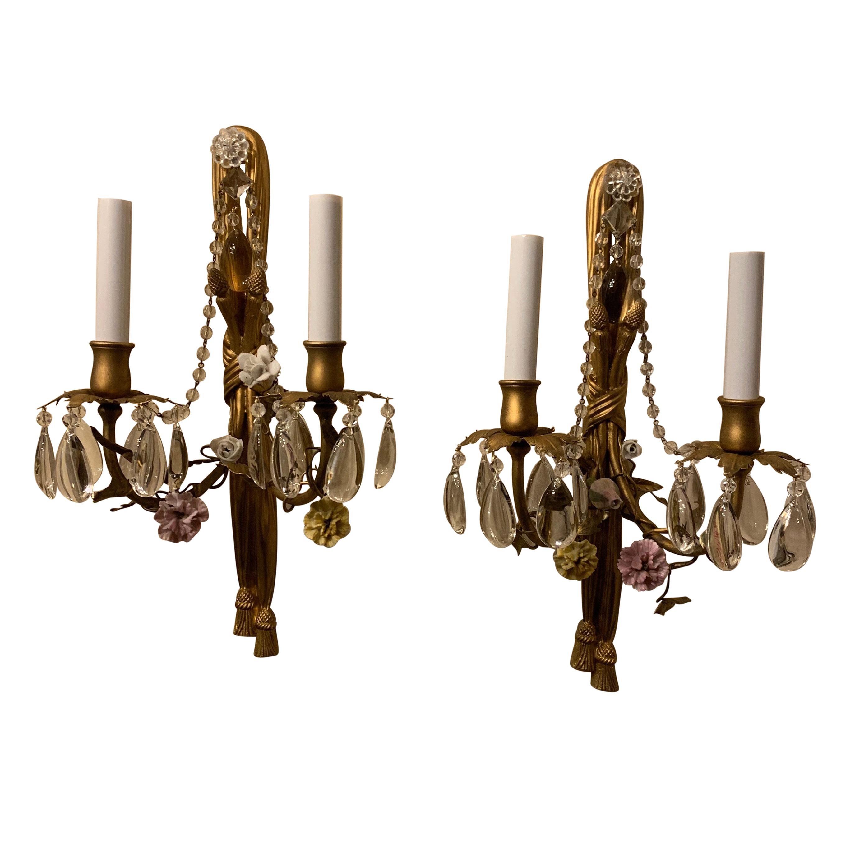 Wonderful Pair French Dore Bronze Tassel Crystal Porcelain Flower Beaded Sconces