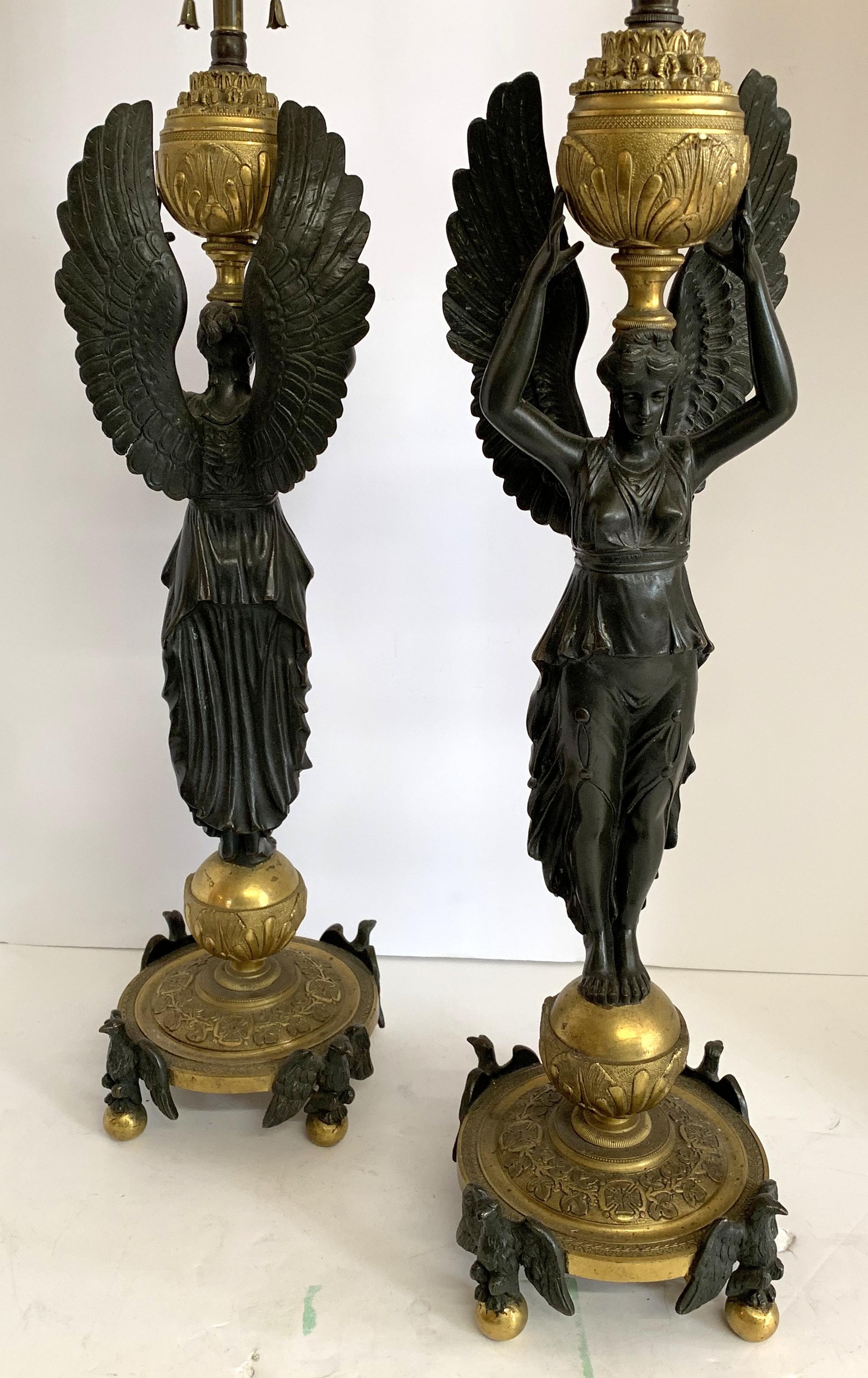 Wonderful Pair French Empire Bronze Two-Tone Figural Eagle Base Lamps In Good Condition In Roslyn, NY