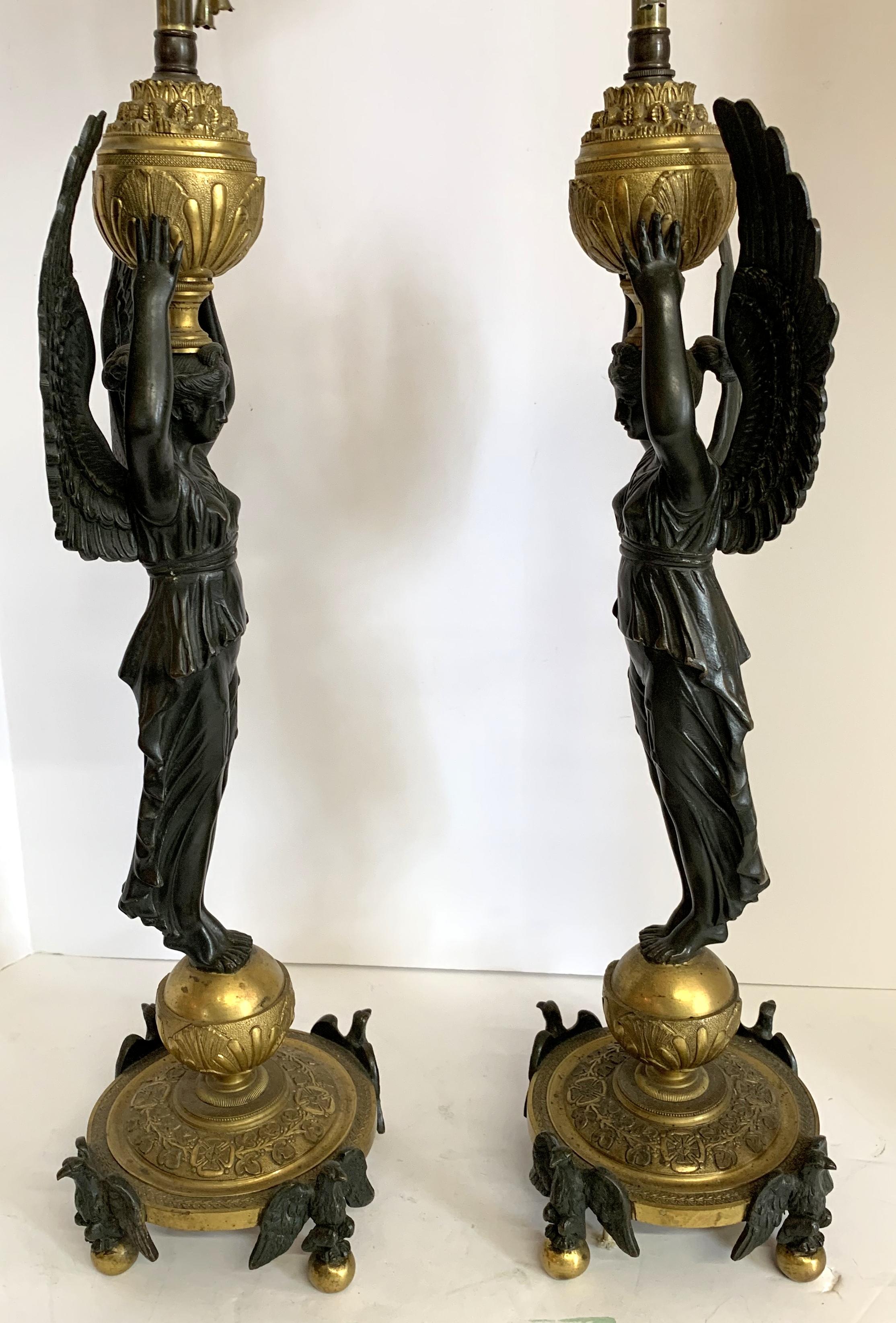 19th Century Wonderful Pair French Empire Bronze Two-Tone Figural Eagle Base Lamps