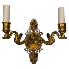 Wonderful Pair French Empire Dore Bronze Double Swan Neoclassical Sconces