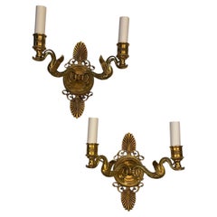 Wonderful Pair French Empire Dore Bronze Double Swan Neoclassical Sconces