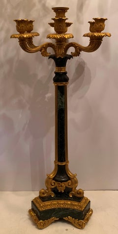 Pair of French Empire Doré Bronze Ormolu-Mounted Green Marble Candelabra