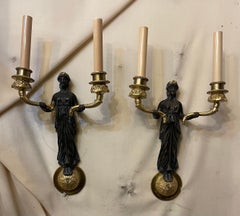 Maravilloso Par Imperio Francés Figural Bronce Patinado Regencia 2 Brazo Apliques de Pared