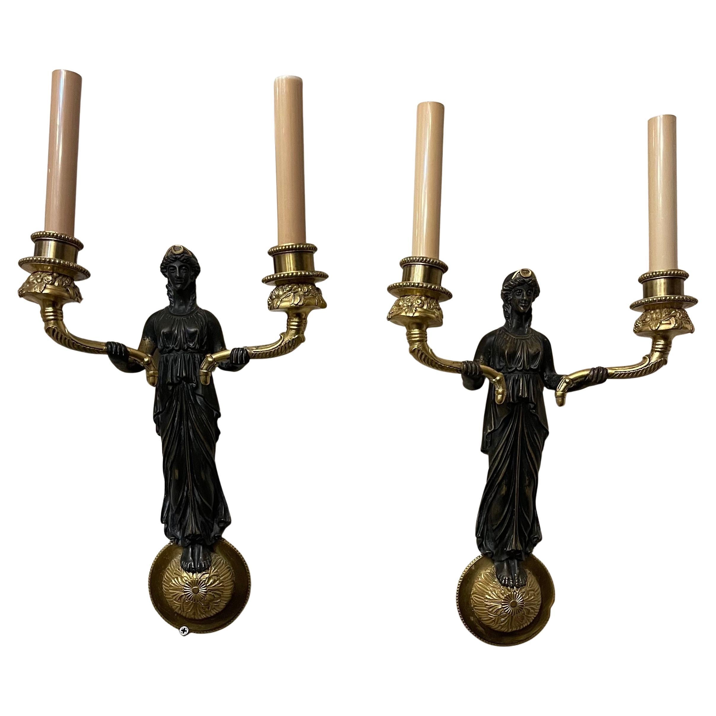 Wonderful Pair French Empire Figural Bronze Patinated Regency 2 Arm Wall Sconces