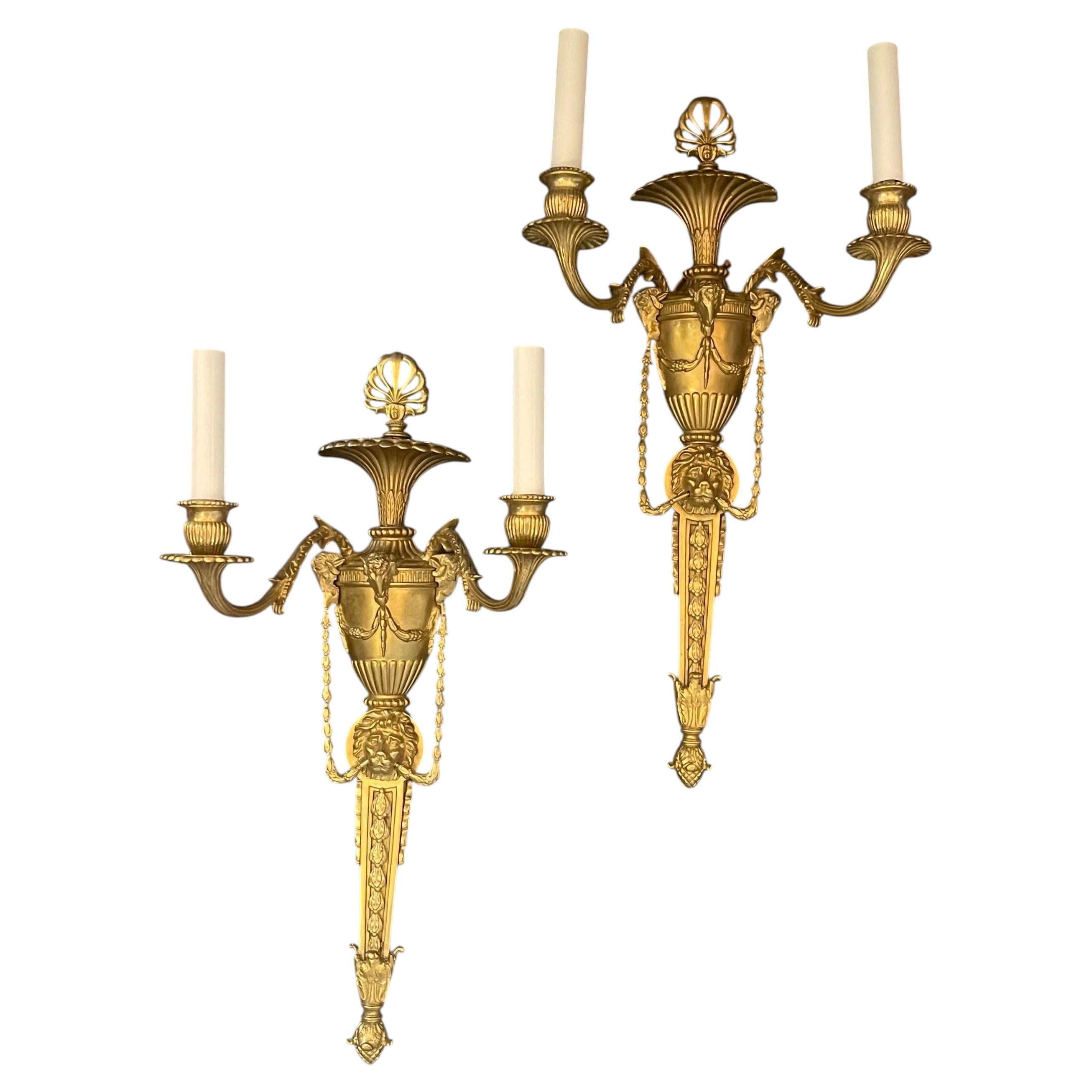 Wonderful Pair French Empire Gilt Dore Bronze Lions Rams Neoclassical Sconces For Sale
